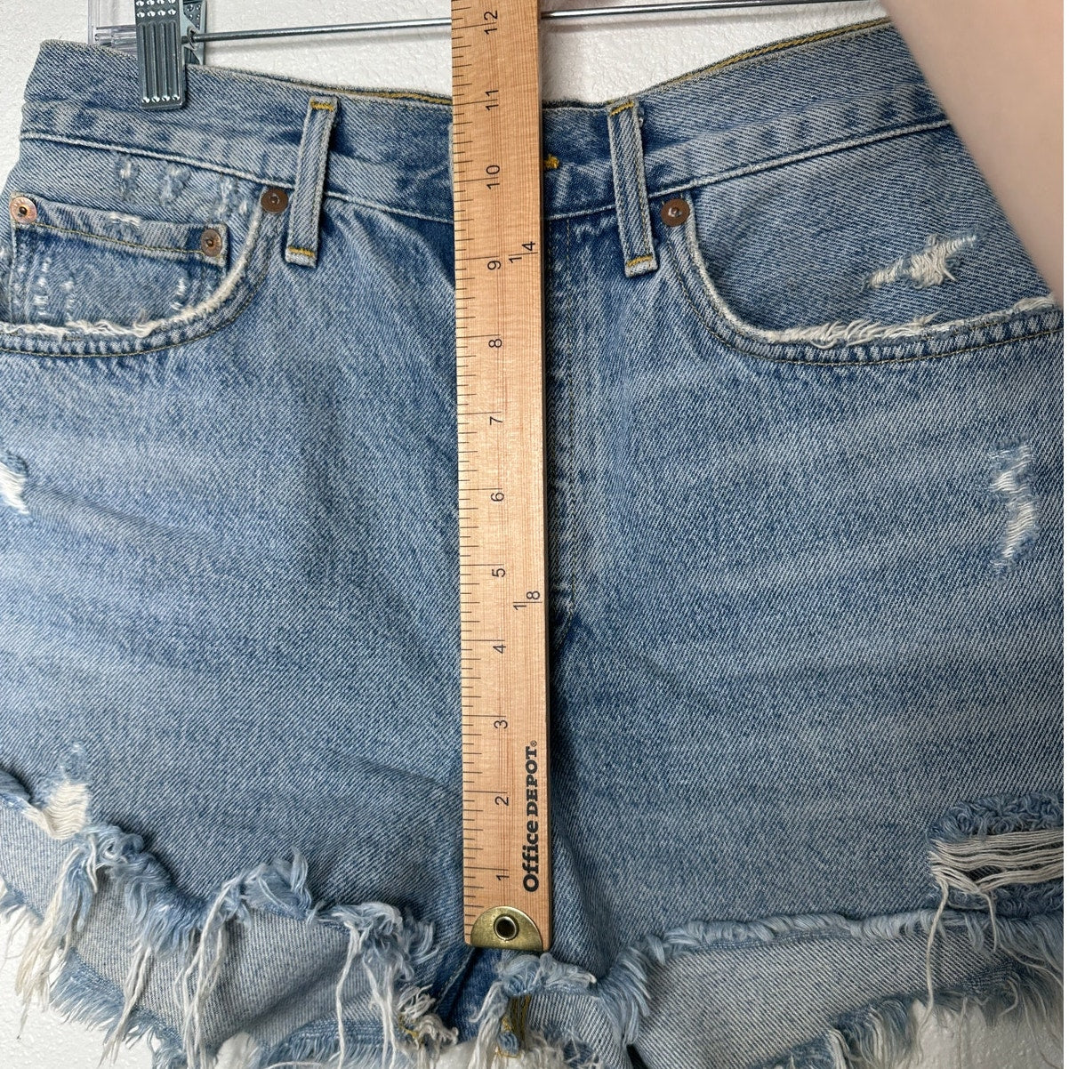 AGOLDE Medium Blue Raw Hem Distressed Button Fly Cut Off Jean Shorts 28