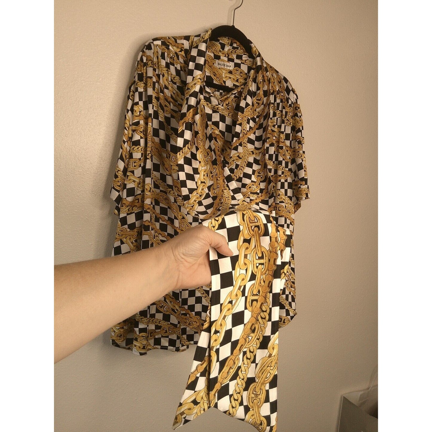 Balenciaga Black White Gold Checked Chain Print Short Sleeve Tie Neck Blouse 40
