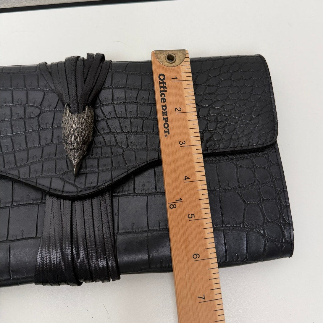 RARE Raven Kauffman Couture Black Croc Leather Bird Head Envelope Clutch Bag