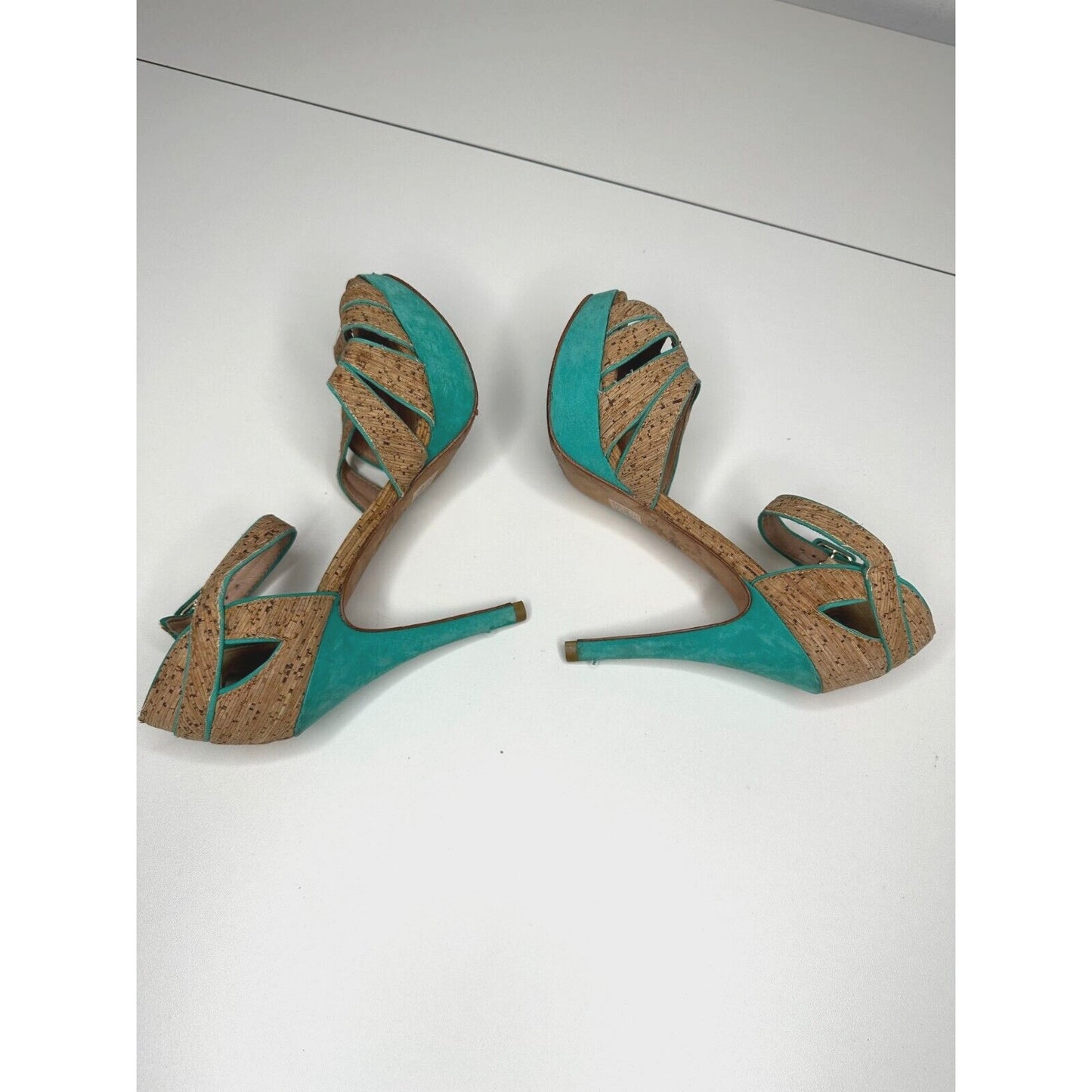 Aldo Platform Turquoise Suede & Tan Cork Stiletto Heel Ankle Strap Sandal 5.5