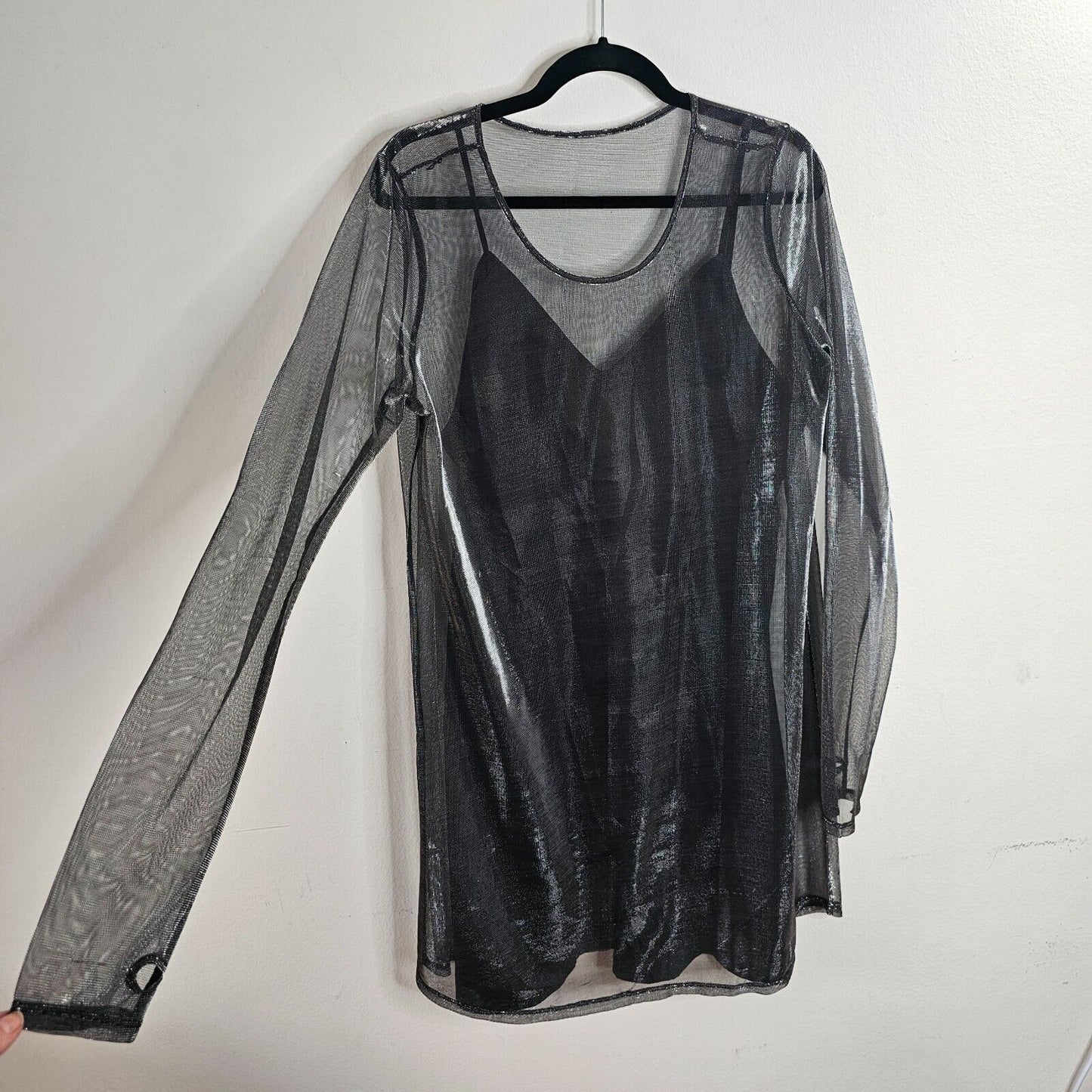 The Kooples Smokey Silver Metallic Sheer Round Neck Over Dress Black Slip Large