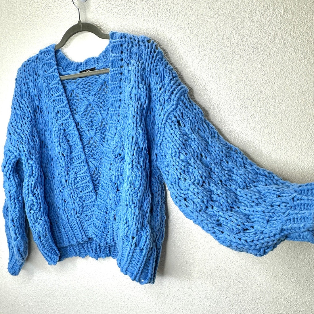 Vici Dusty Blue Chunky Knit Oversized Open Front Cardigan Sweater S