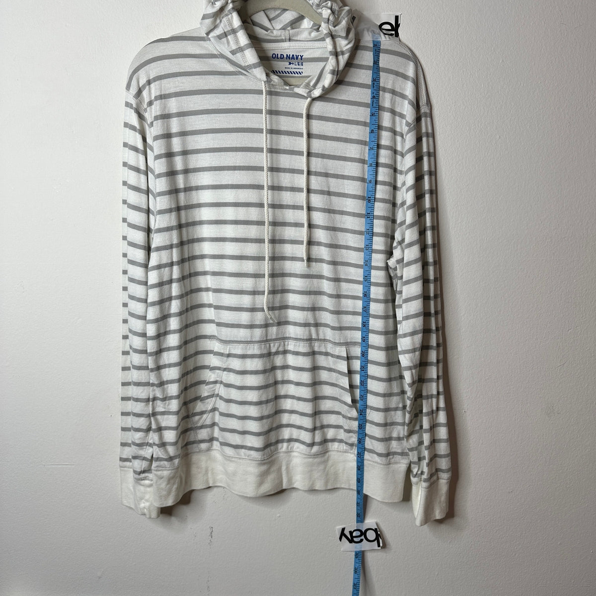 Old Navy White & Gray Striped Pullover Front Pocket Hoodie L