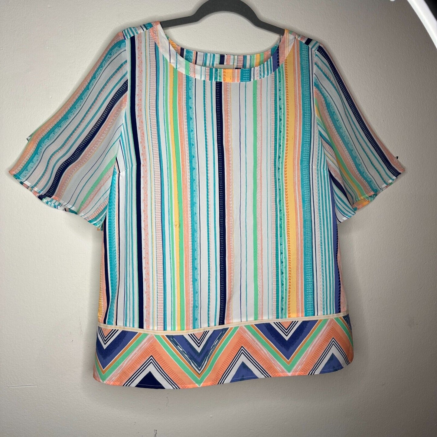 Chico's Aqua Peach and Green White Aztec Striped Boxy Blouse Short Sleeve 1