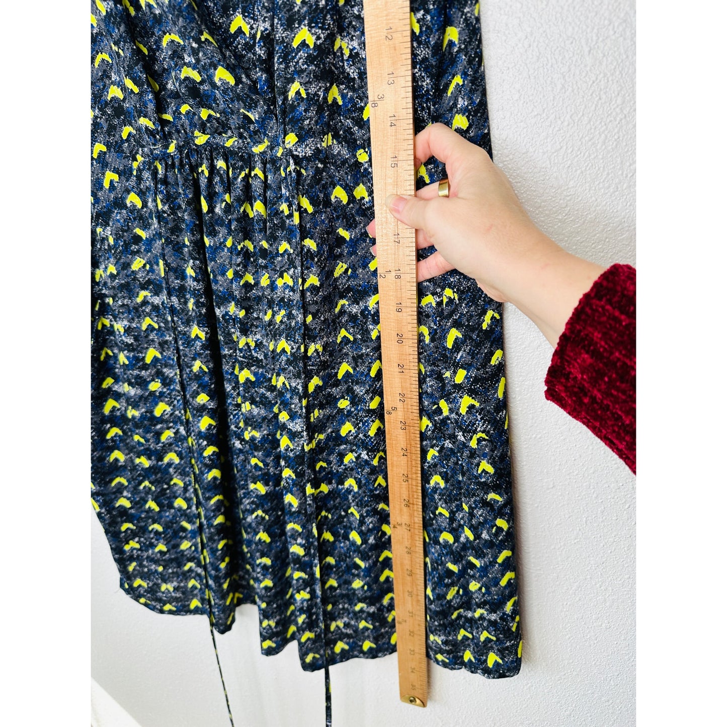 Aqua Florescent Yellow Blue Gray Print Faux Wrap Dress XS