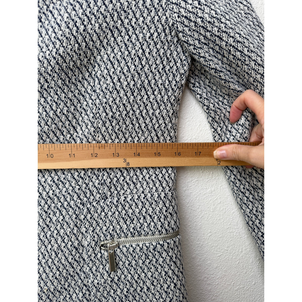 Zara Navy Ivory Tweed Collarless Blazer Women S
