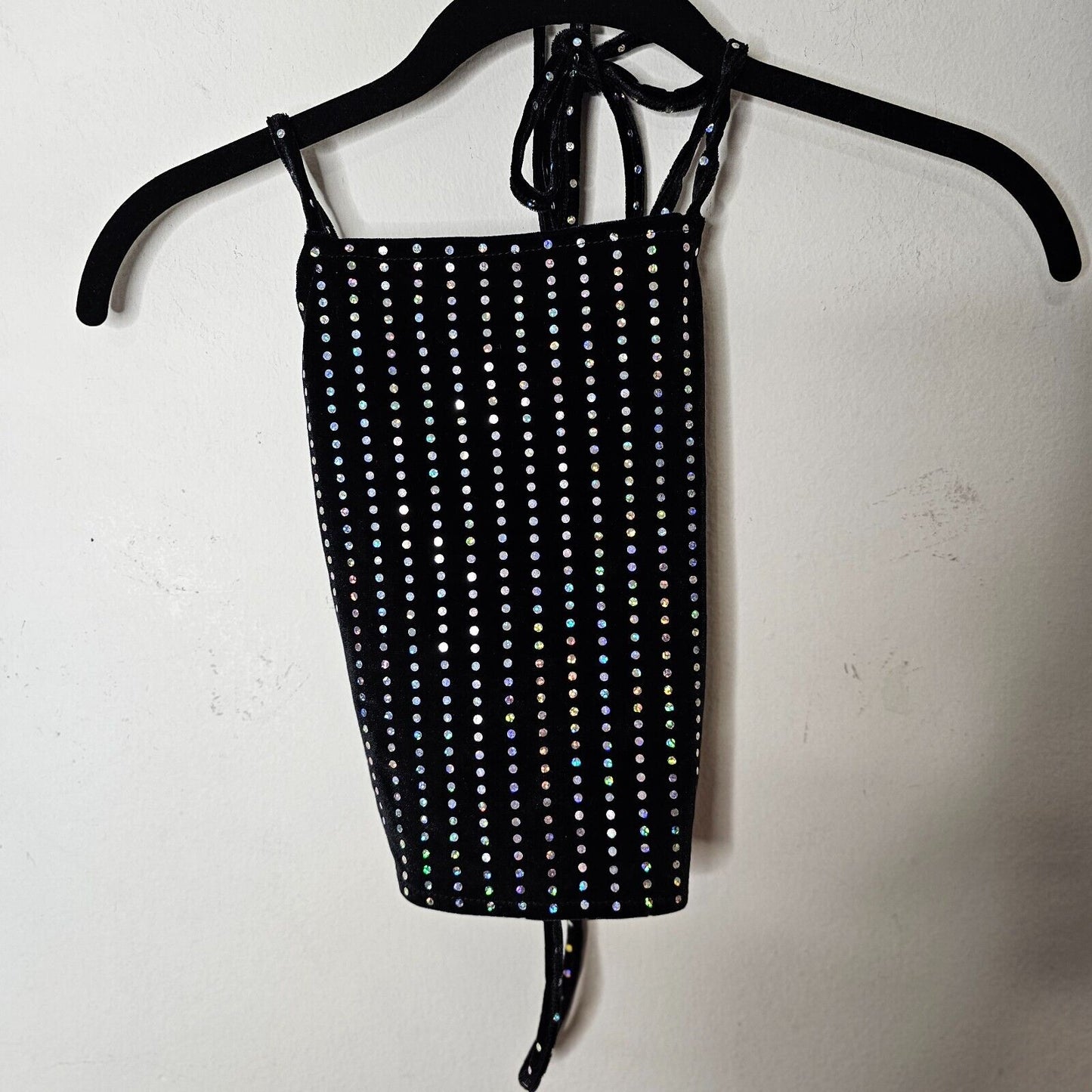 NWT Subdued Black Velour Silver Metallic Polka Dot Strappy VBack Crop Top 0
