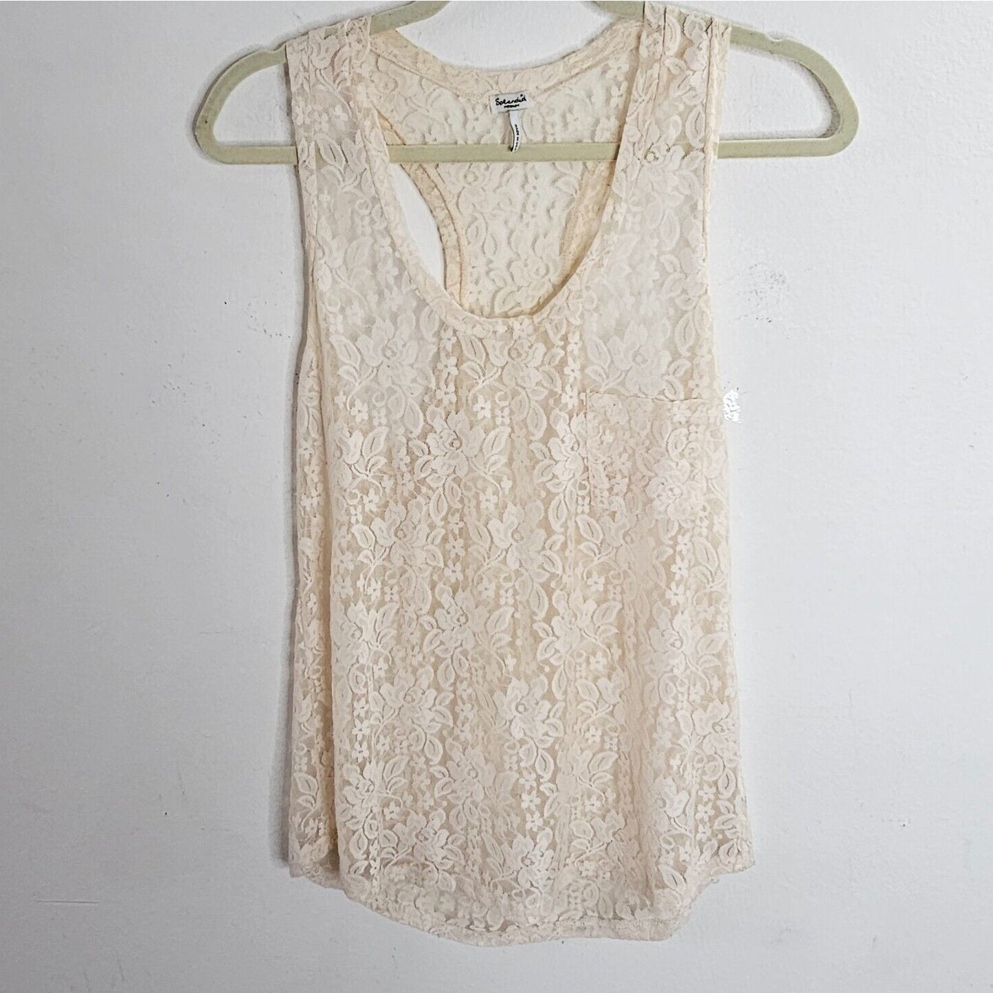 Splendid Cream Sheer Floral Lace Scoop Neck Breast Pocket Racerback Tank Medium