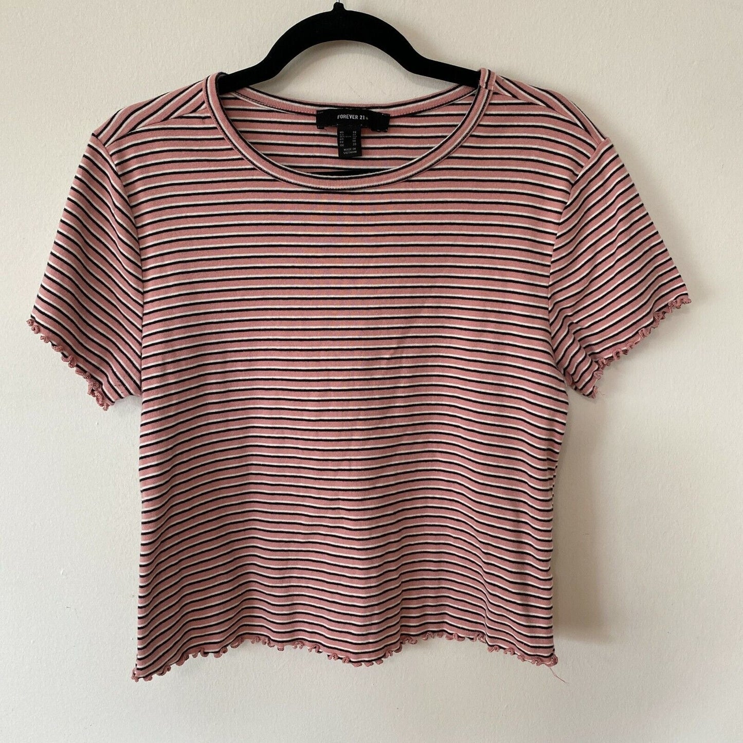 Blush Pink Black & White Stripe Round Neck Crop Top Lettuce Hem Top 1X