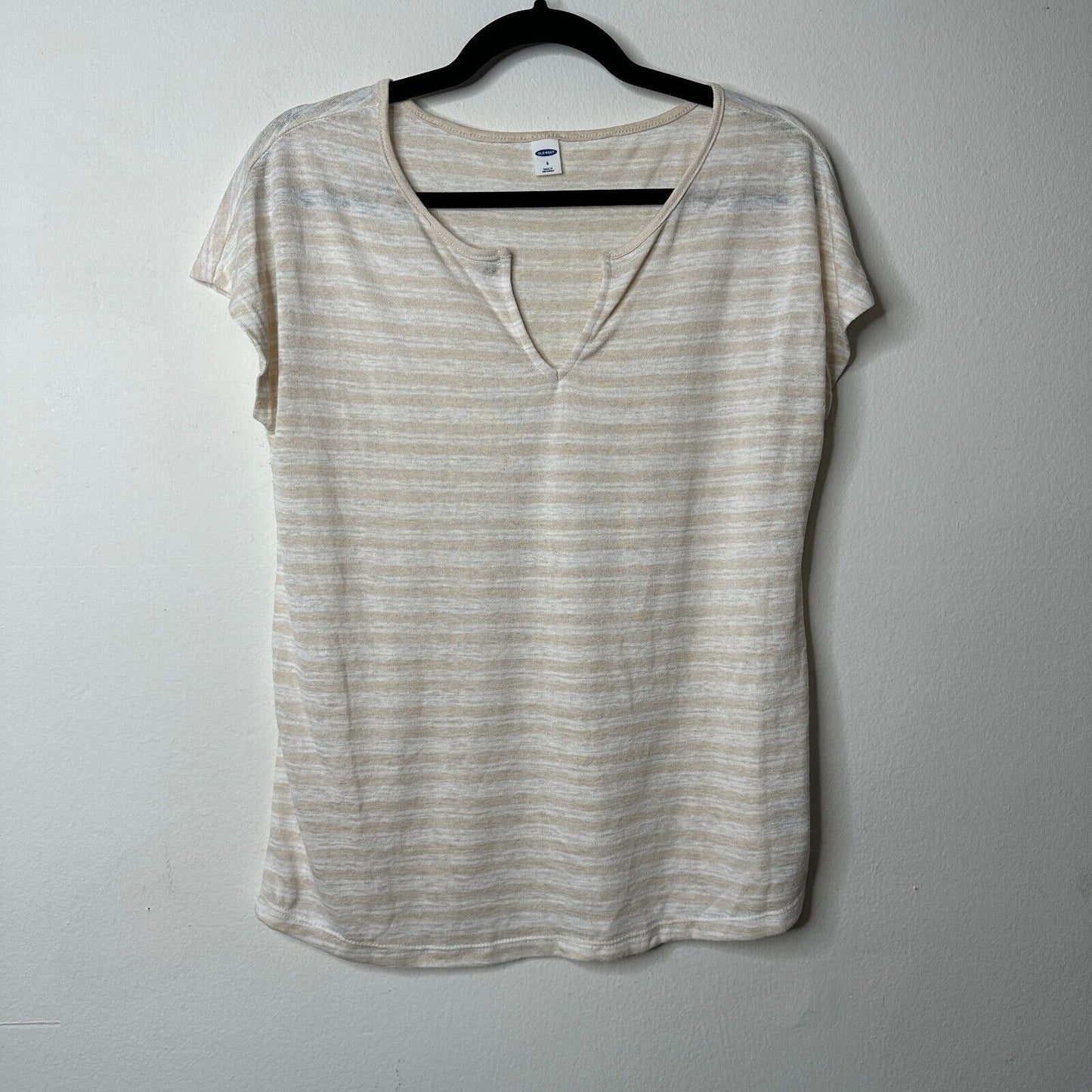 Old Navy Cream and White Striped V-Split Neck Tee Blouse Capped Sleeve Small