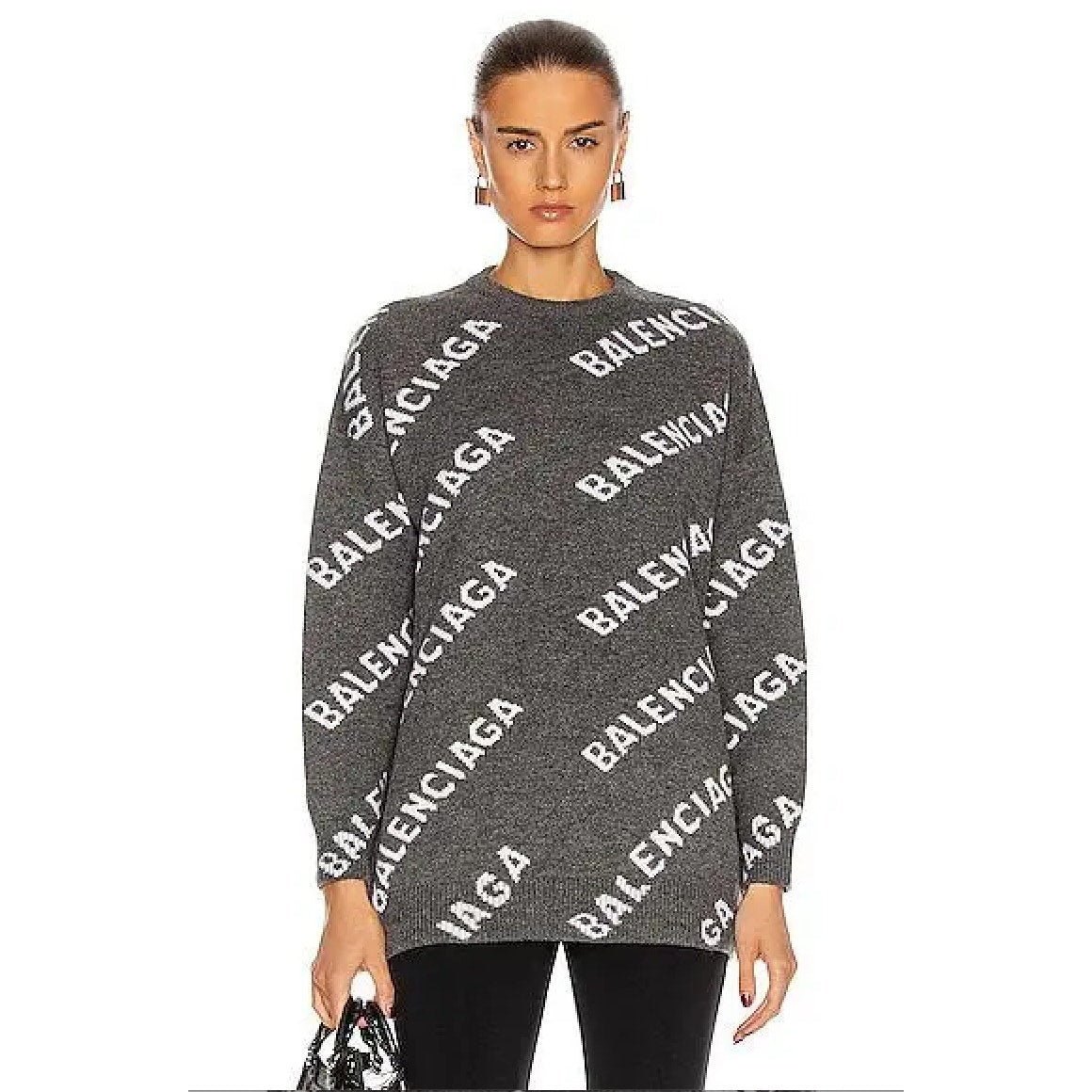 Balenciaga Dark Gray Long Sleeve White Logo'd Crew Neck Sweater L