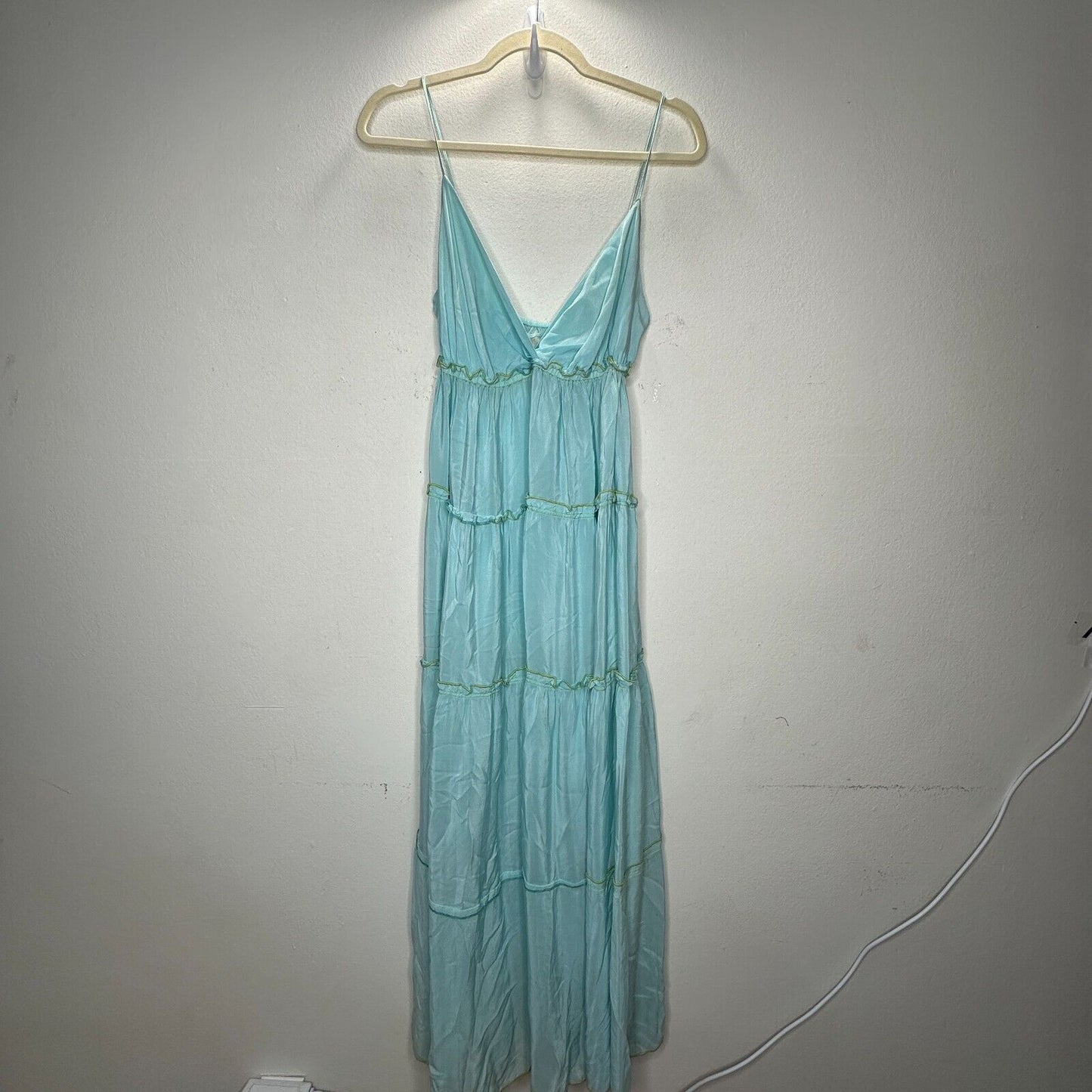 V Sierra 100% Silk Muted Aqua Spaghetti Strap V-Neck Tiered Ruffle Maxi Dress S