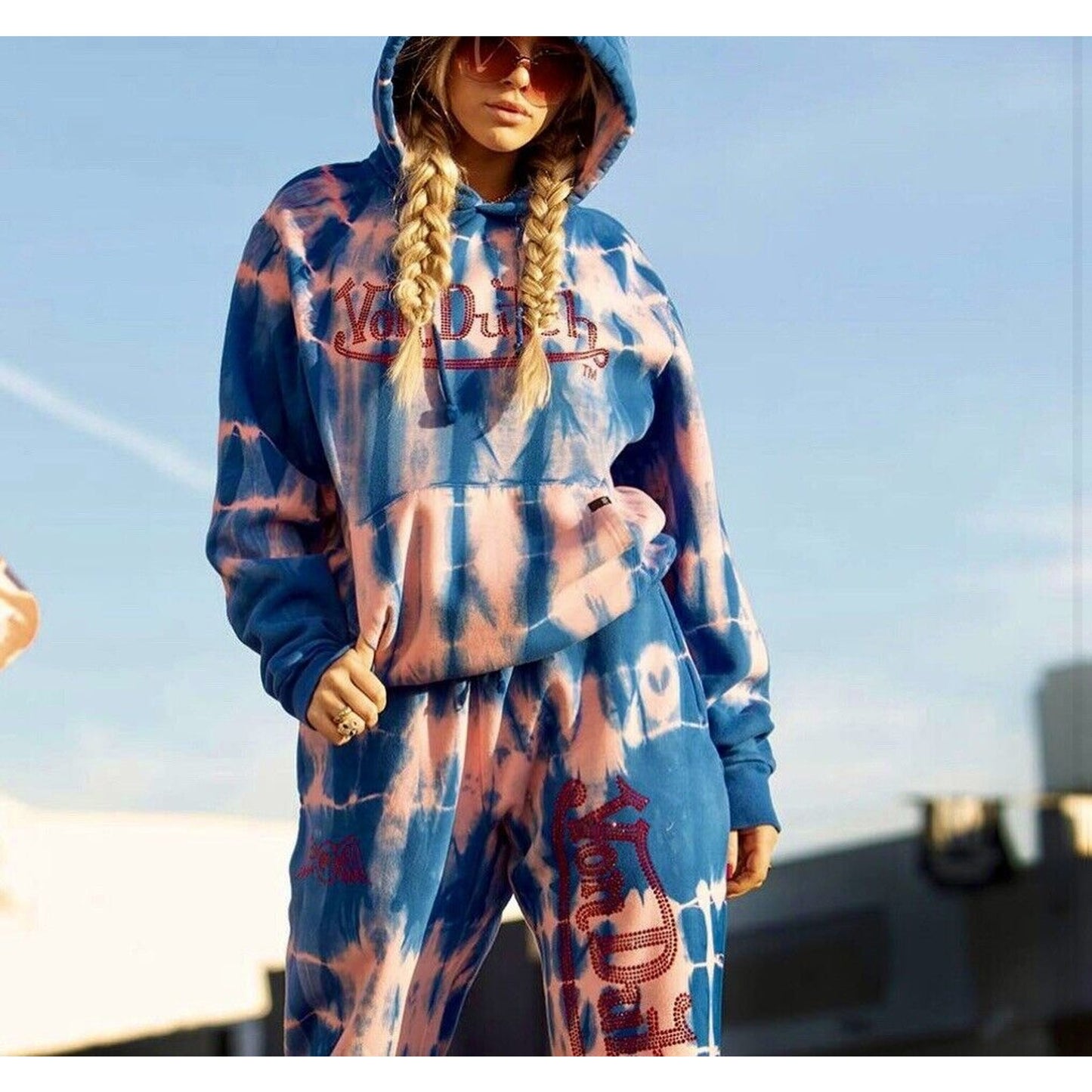 Von Dutch SET Blue Pink Tie Dye Red Rhinestone Logo Oversize Hoodie & Pants