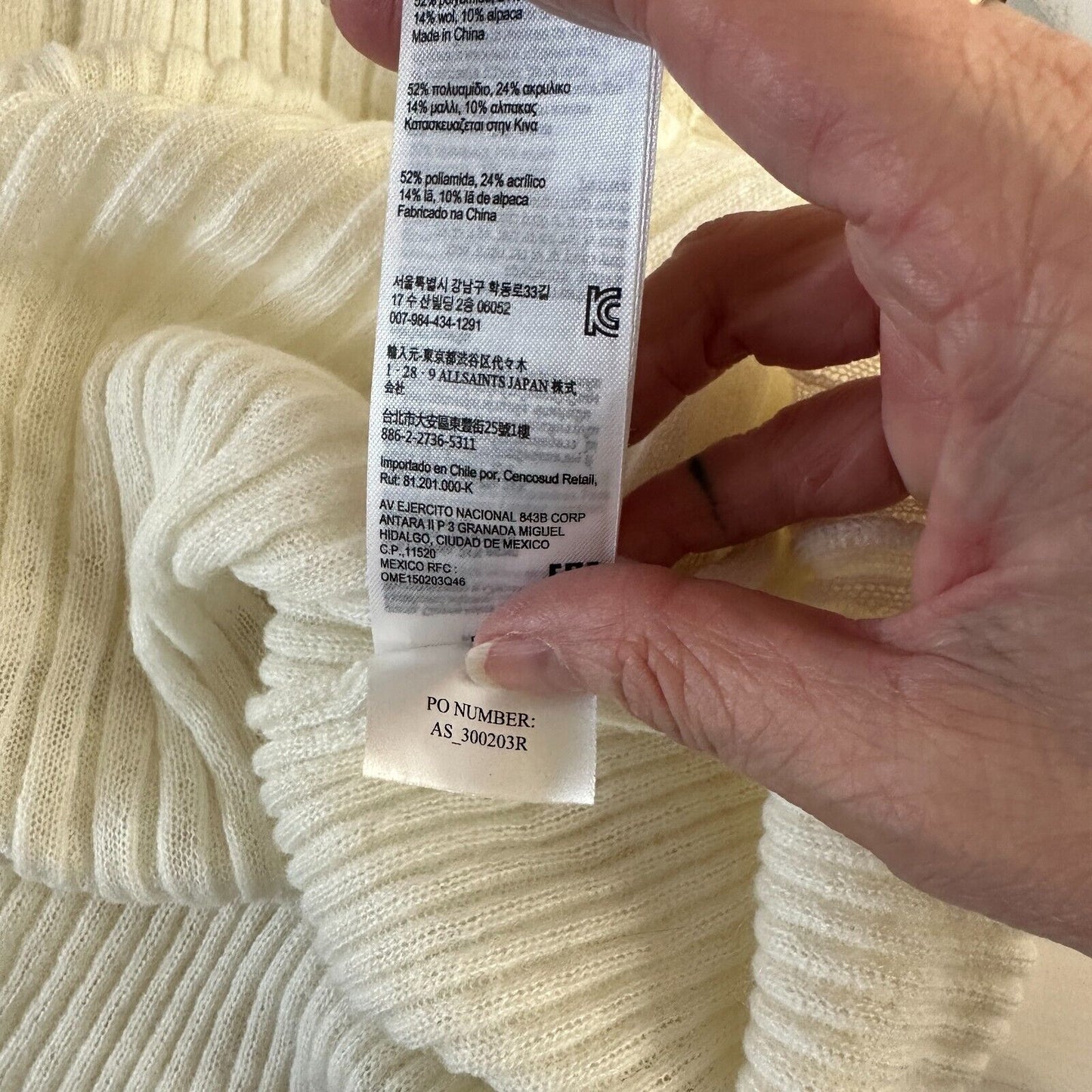 Allsaints Cream Ribbed Design Long Sleeve Round Neck Thin Light Sweater L