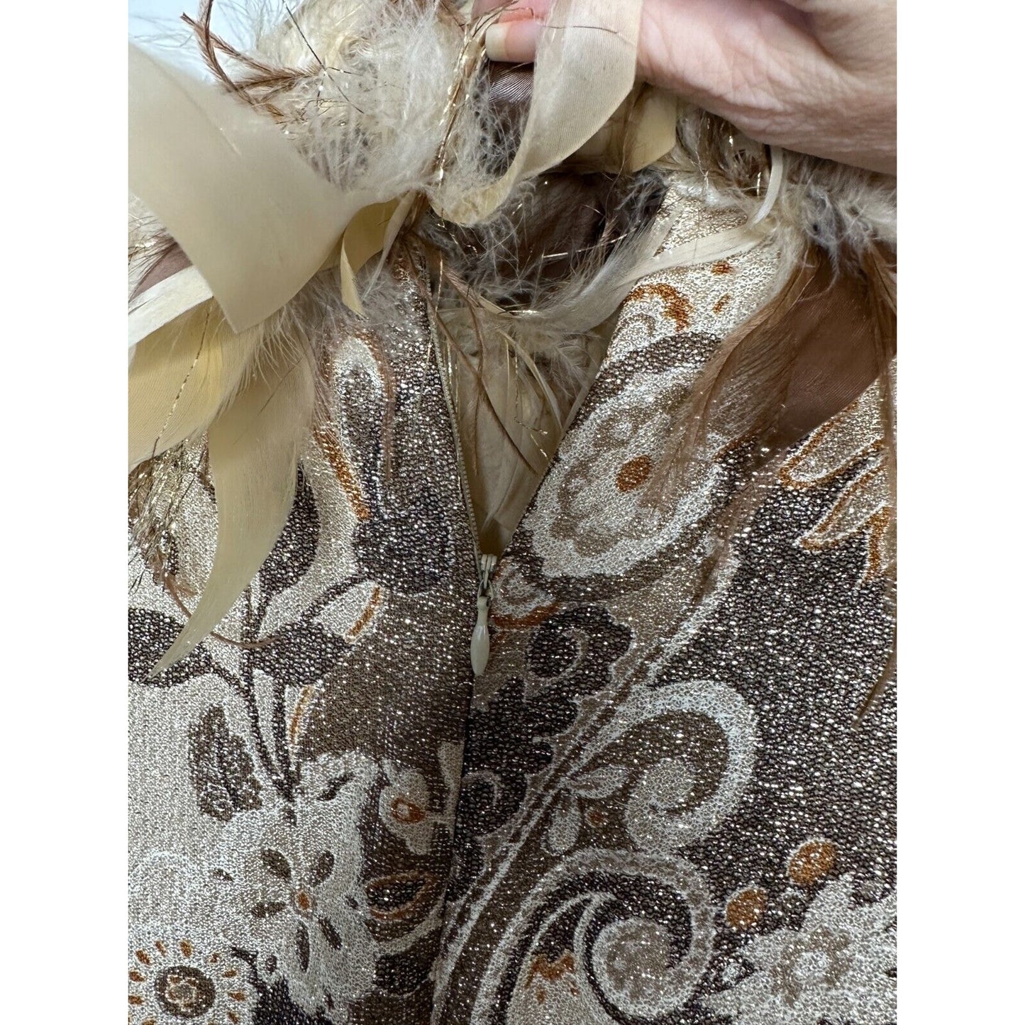 BILL BLASS Vintage 70s Couture Metallic Gold Lurex Knit Dress Ostrich Feather XS - S