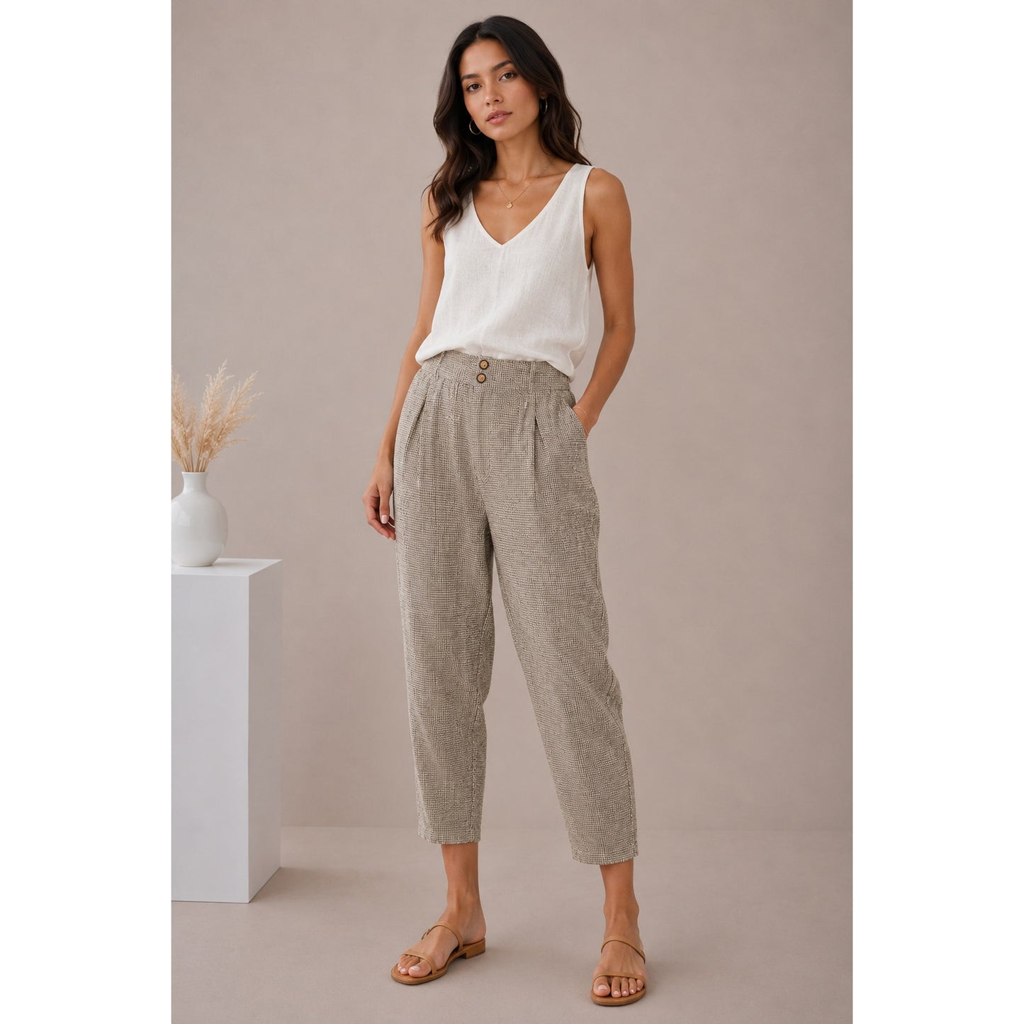 Poetry Brown & Cream Houndstooth cinch Waist Cropped Linen Trouser Pants 12