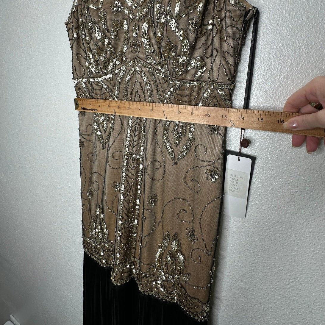 NWT Sue Wong Beaded Gold Mesh Top Black Fringe Bottom Evening Dress 8