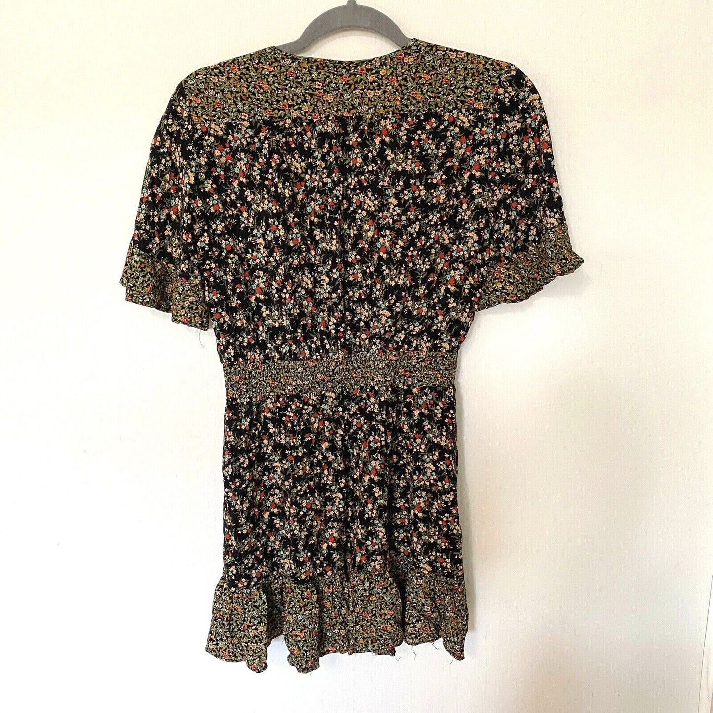 Zara Peasant Boho Black Multi Floral Tiered Ruffle Mini Sundress Tie Front Small