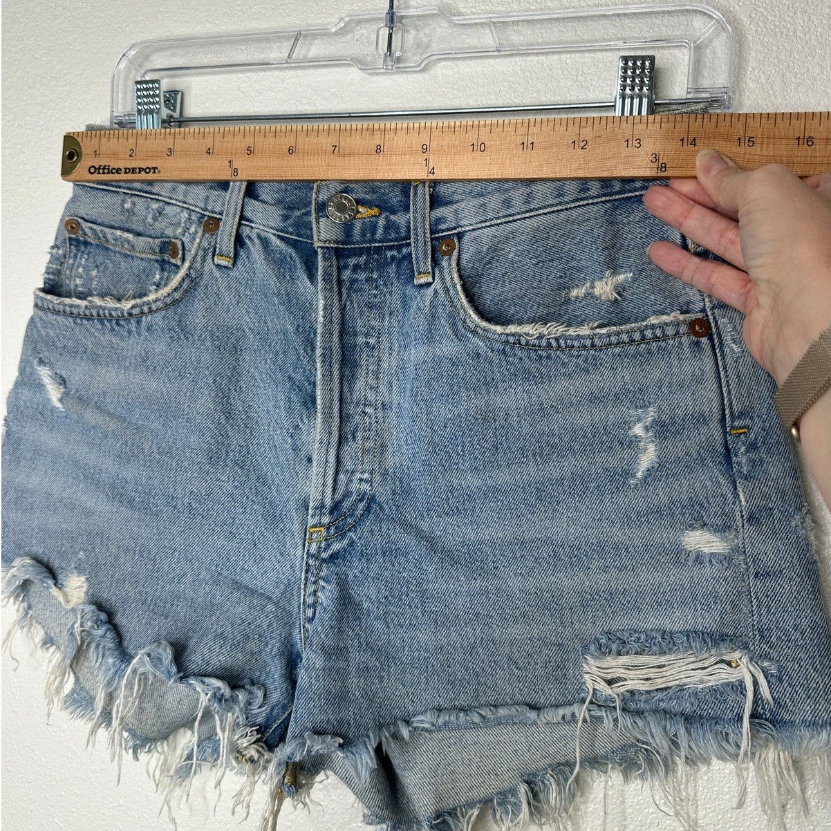 AGOLDE Medium Blue Raw Hem Distressed Button Fly Cut Off Jean Shorts 28