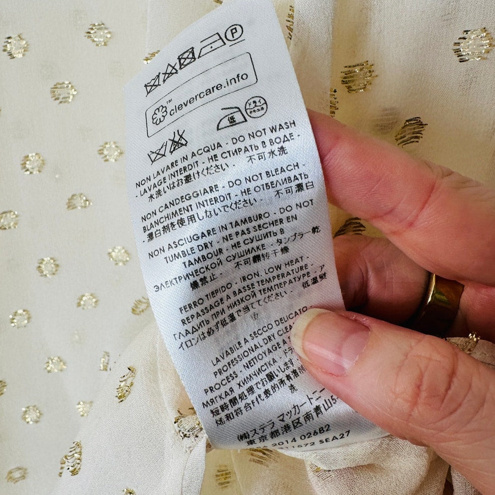 Stella McCartney Sheer Cream Gold Metallic Polka Dot Button Sheer Blouse 44 / L
