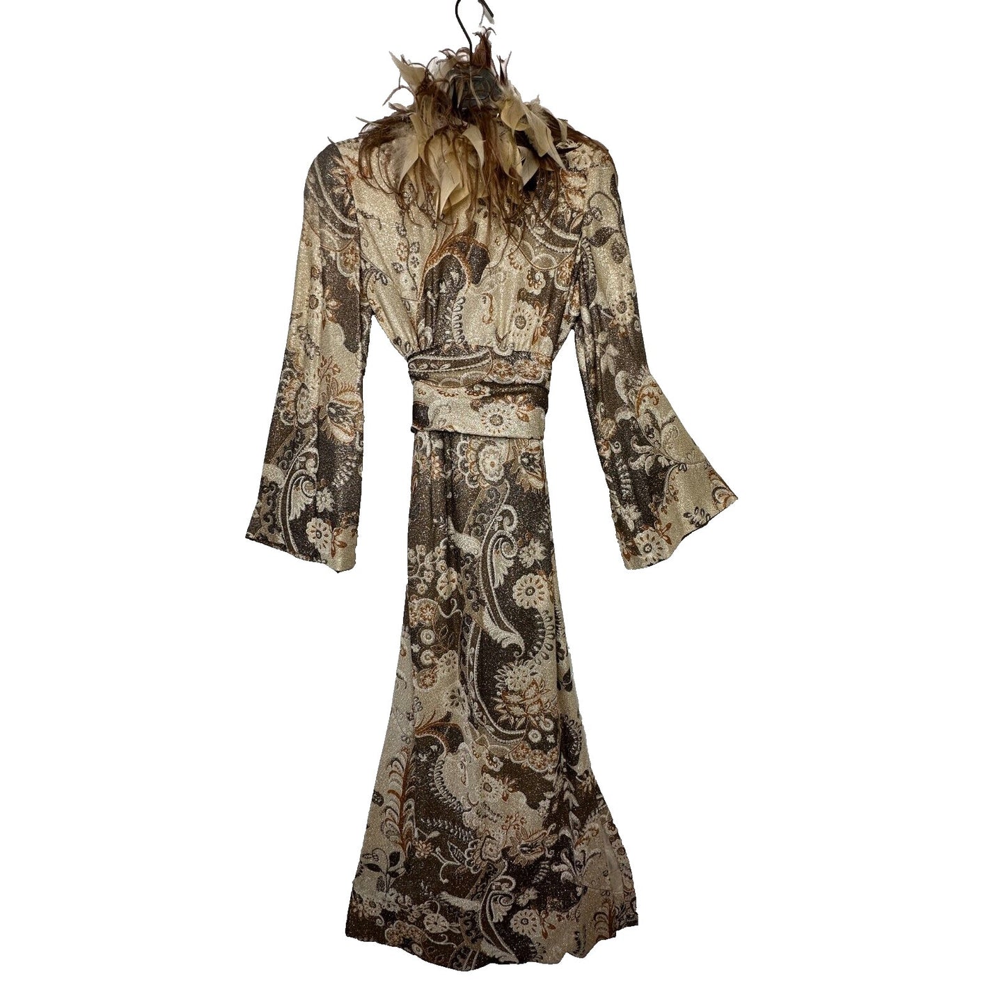 BILL BLASS Vintage 70s Couture Metallic Gold Lurex Knit Dress Ostrich Feather SM