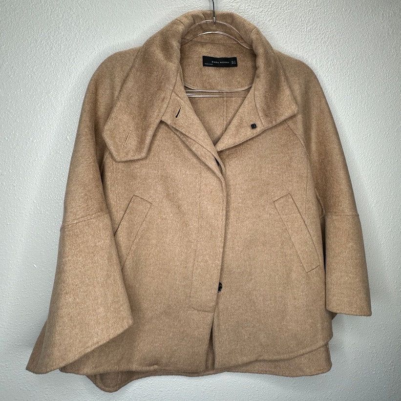 Zara Tan Fuzzy 3/4 Sleeve High Low Front Button Jacket Small
