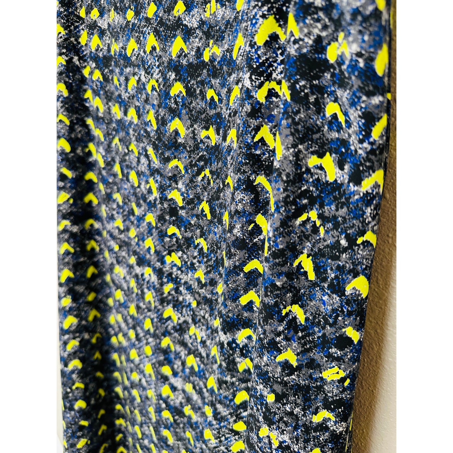 Aqua Florescent Yellow Blue Gray Print Faux Wrap Dress XS