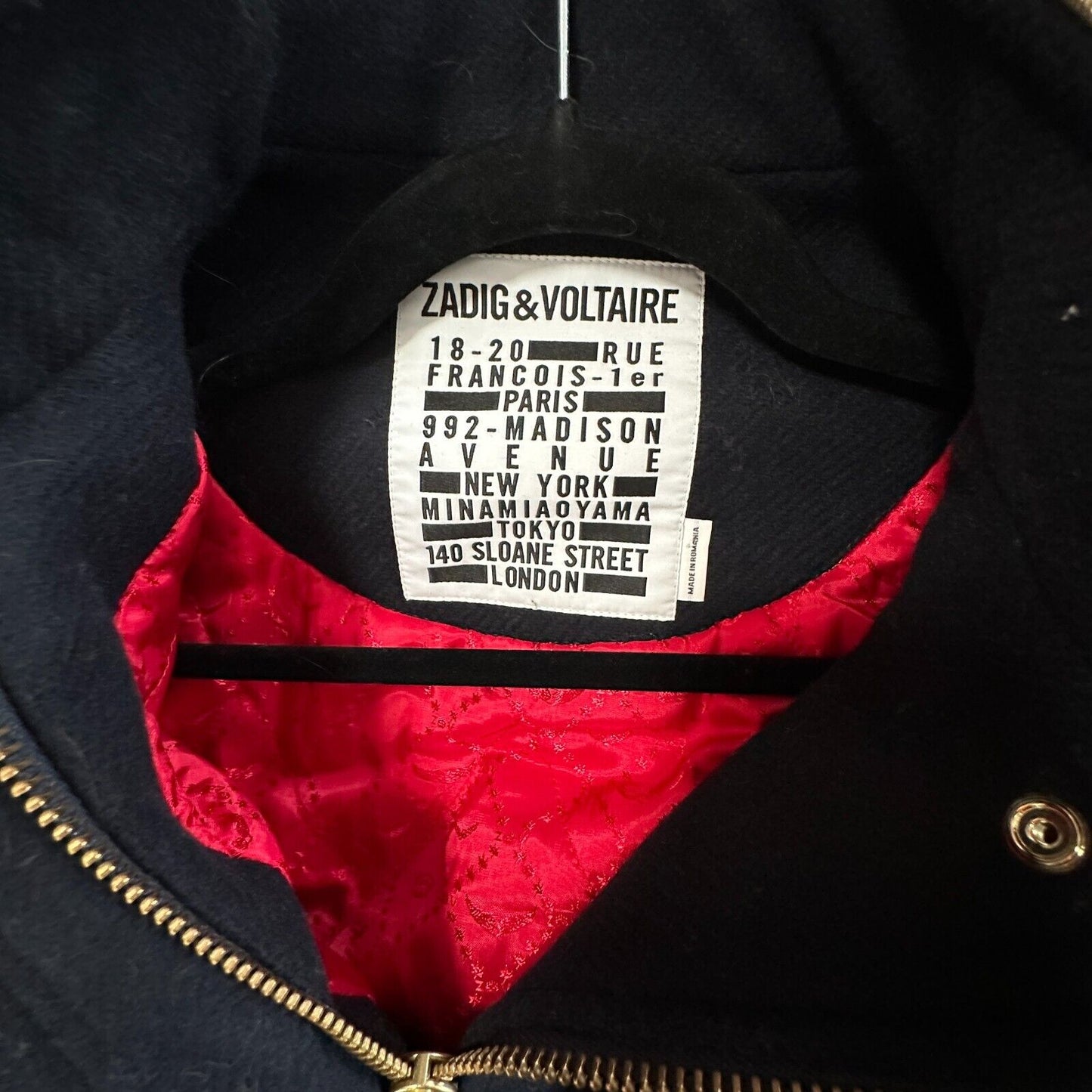Zadig & Voltaire Wool Jacket Navy Gold Stand Collar Flap Pocket Zip Up Bomber SM