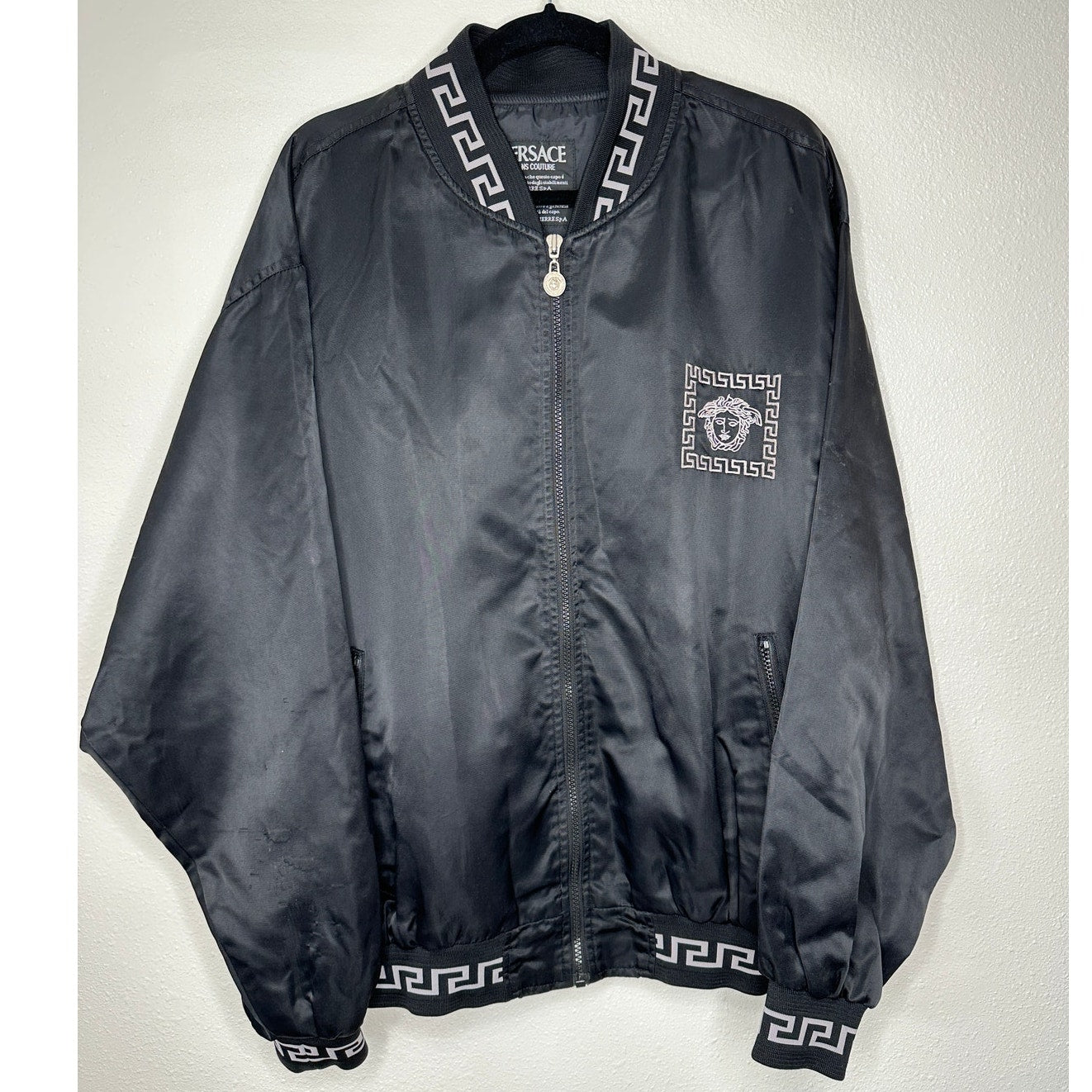 Versace Jeans Medusa Black Silver Embroidered Logo Long Sleeve Zip Bomber Jacket