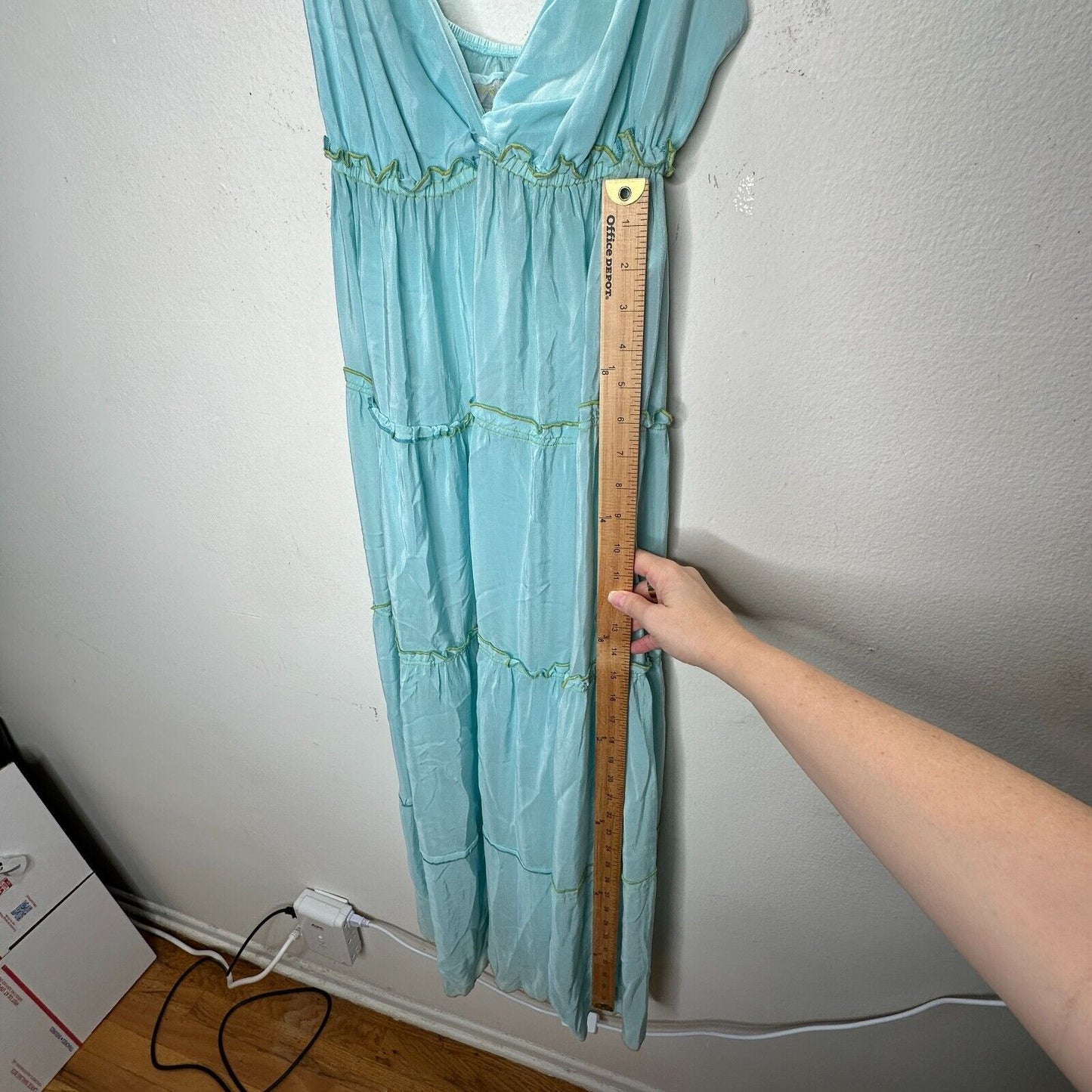 V Sierra 100% Silk Muted Aqua Spaghetti Strap V-Neck Tiered Ruffle Maxi Dress S