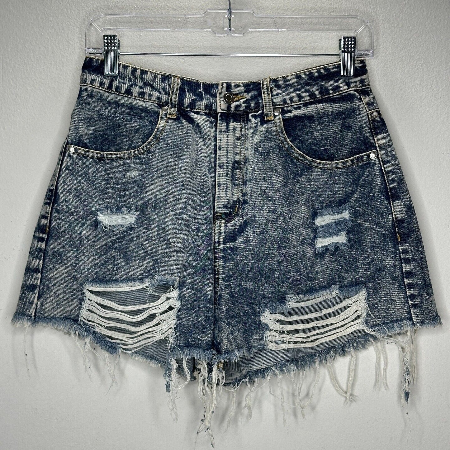 Hyfve Medium Blue Acid Wash Distressed Raw Hem High Waist Jean Shorts M