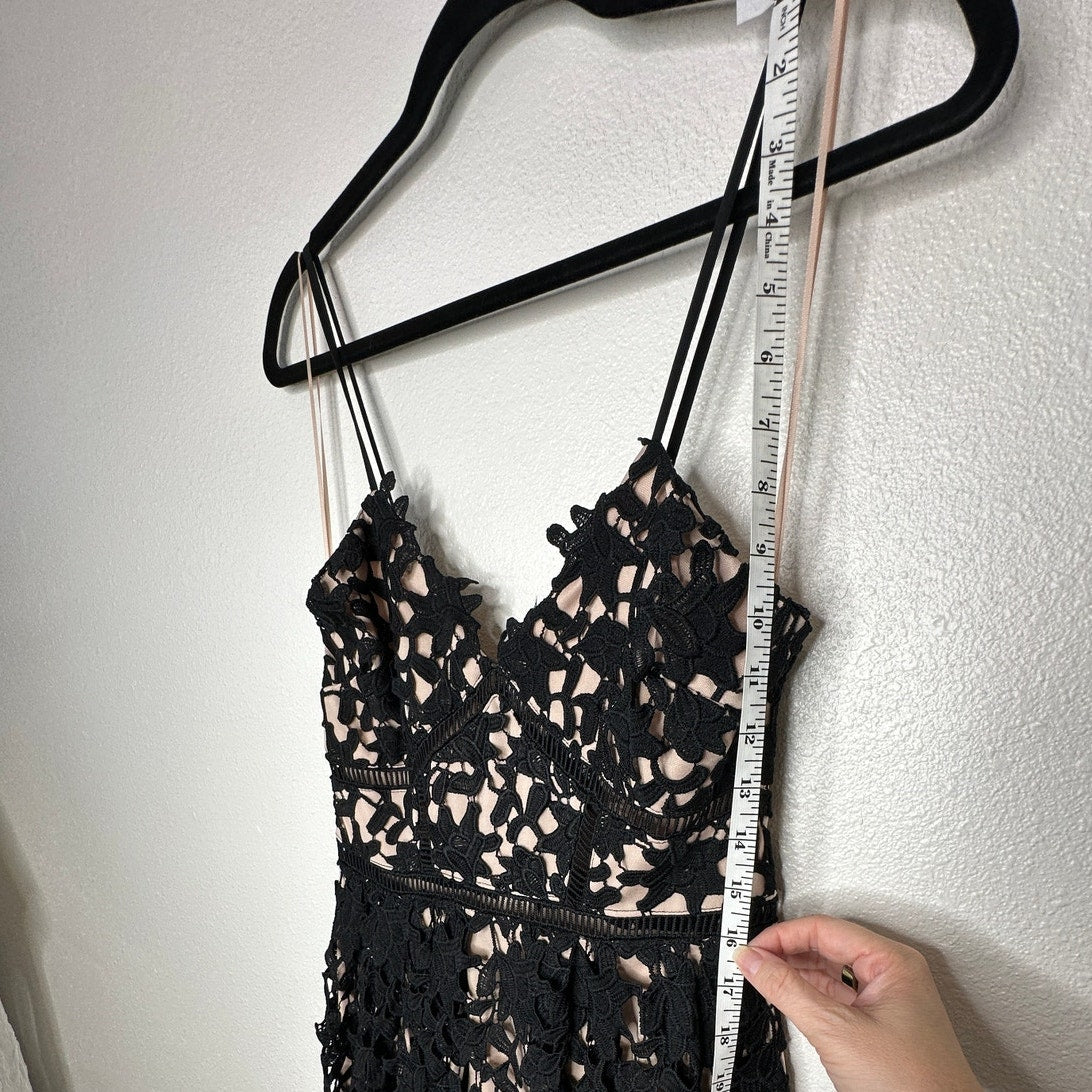 Aqua Black Lace Overlay Tan Lining Spaghetti Strap Cami Midi Dress SM