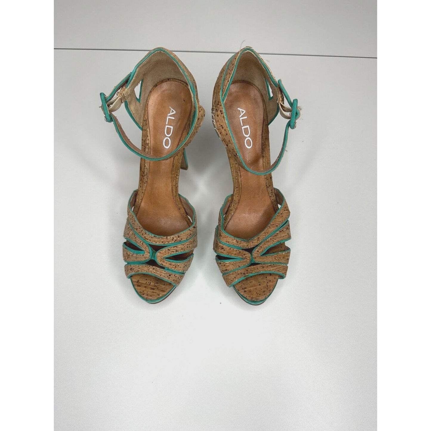 Aldo Platform Turquoise Suede & Tan Cork Stiletto Heel Ankle Strap Sandal 5.5