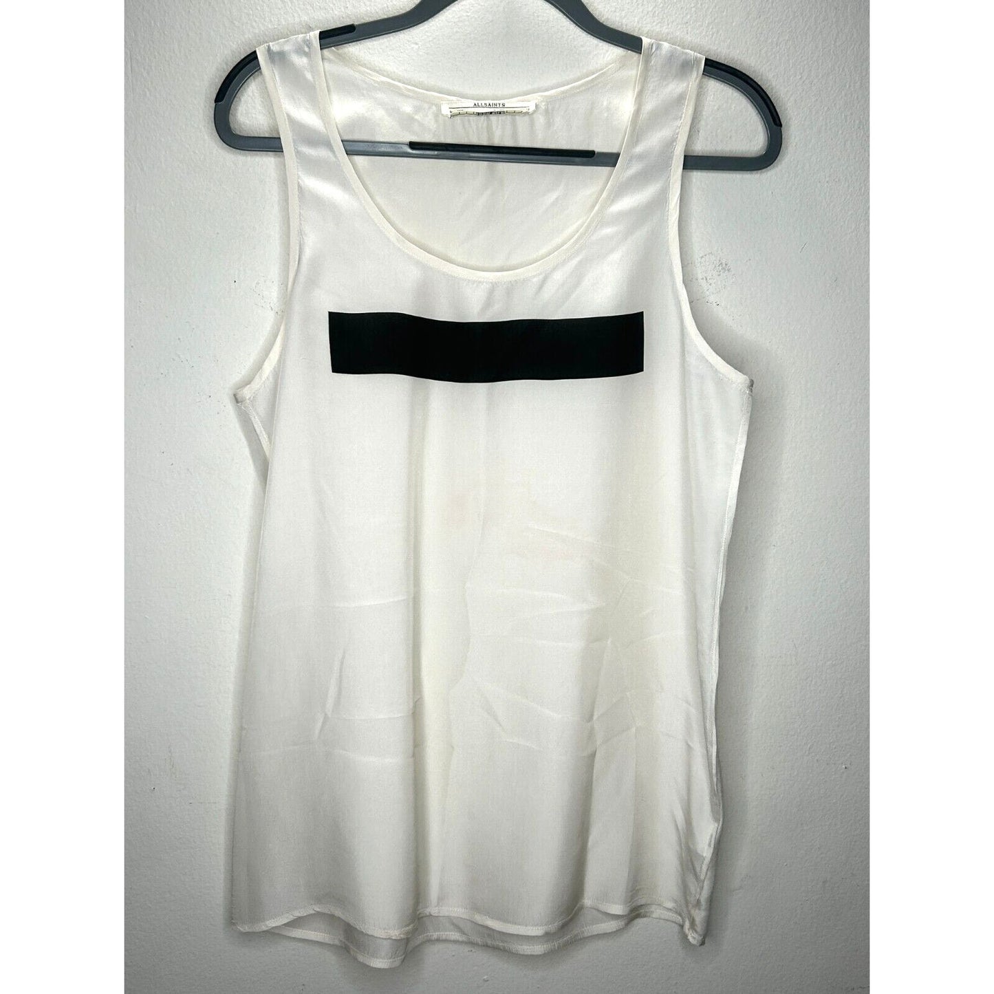 Allsaints Off-White 100% Silk Long Line Tank Top Black Rectangle Block Front 8