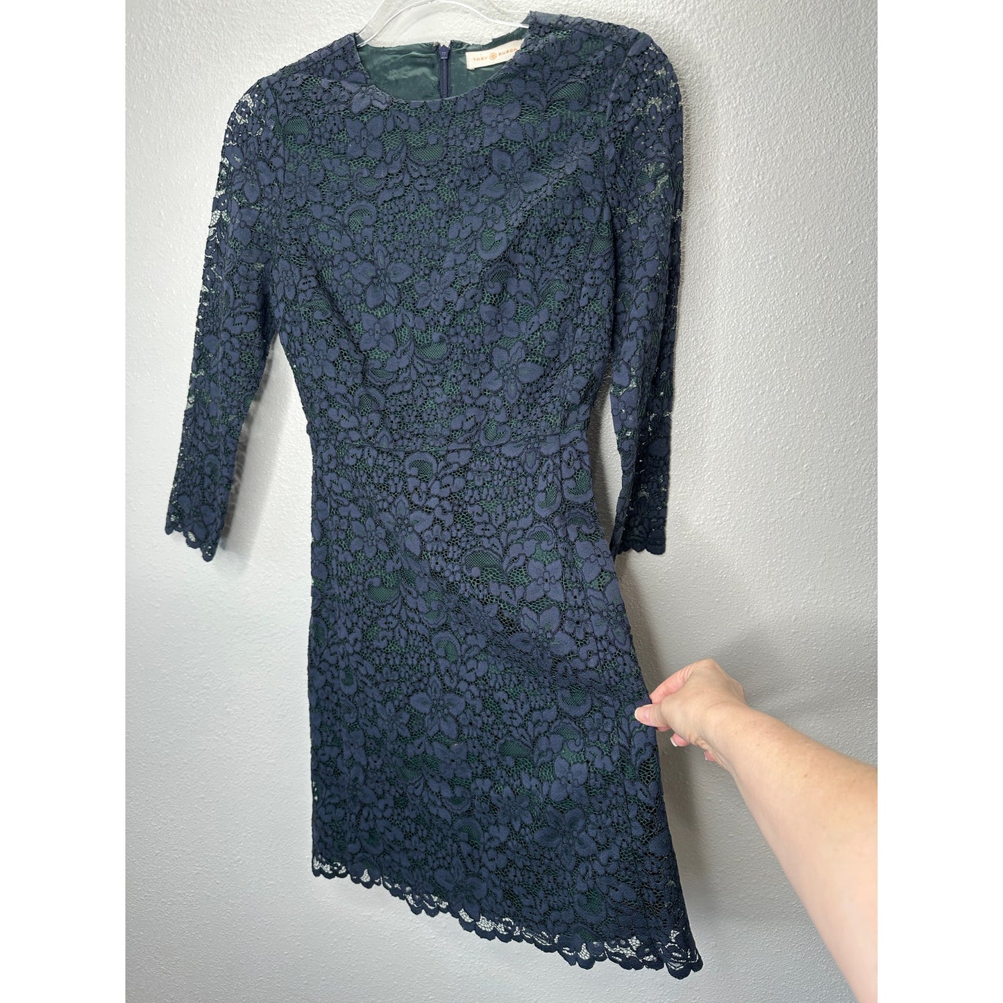 Tory Burch Black Lace with Green Contrast Underlay Jewel Neckline Dress 2