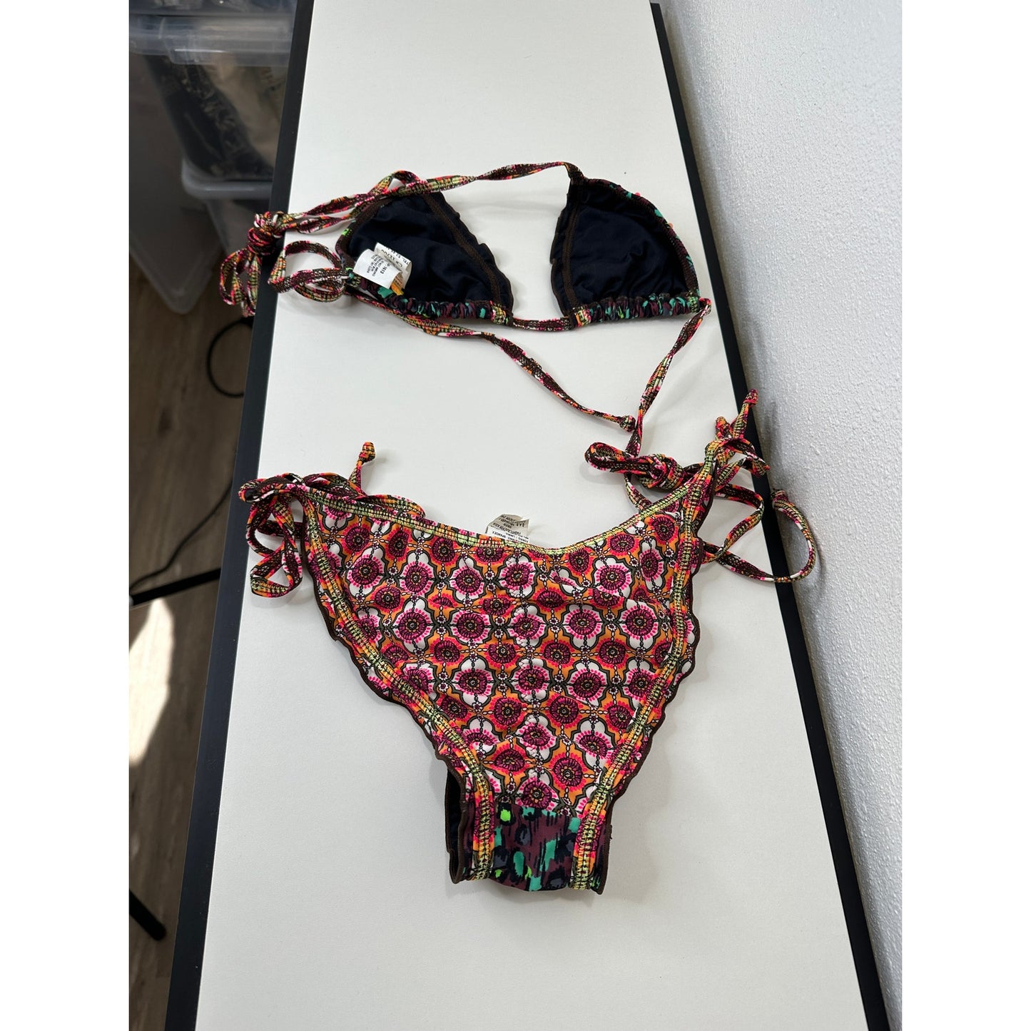 Agua Bendita Pink Multi-Color Stripe Sequin Ruffle Bikini Top & Bottom S