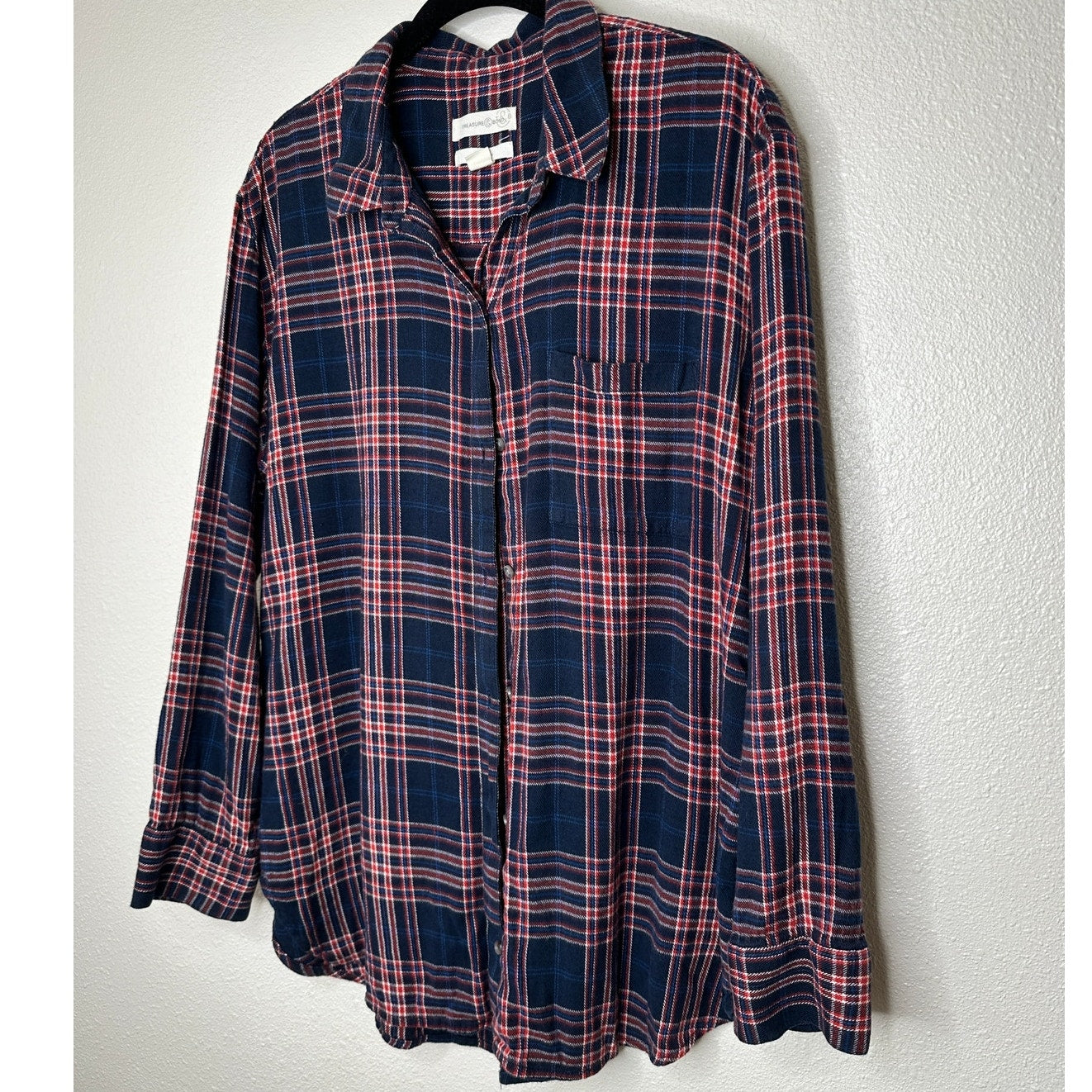 Treasure & Bond Navy Red White Plaid Collared Button Down Boyfriend Shirt L
