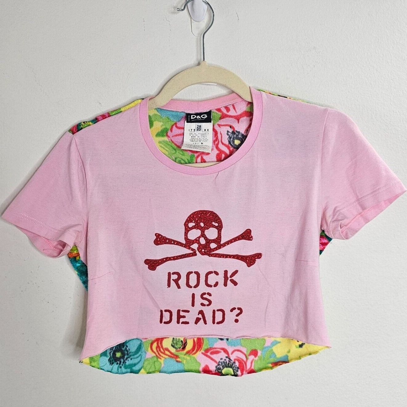 Dolce & Gabbana Pink & Red Rhinestone Skull Graphic Rock Is Dead Crop 28 / 42