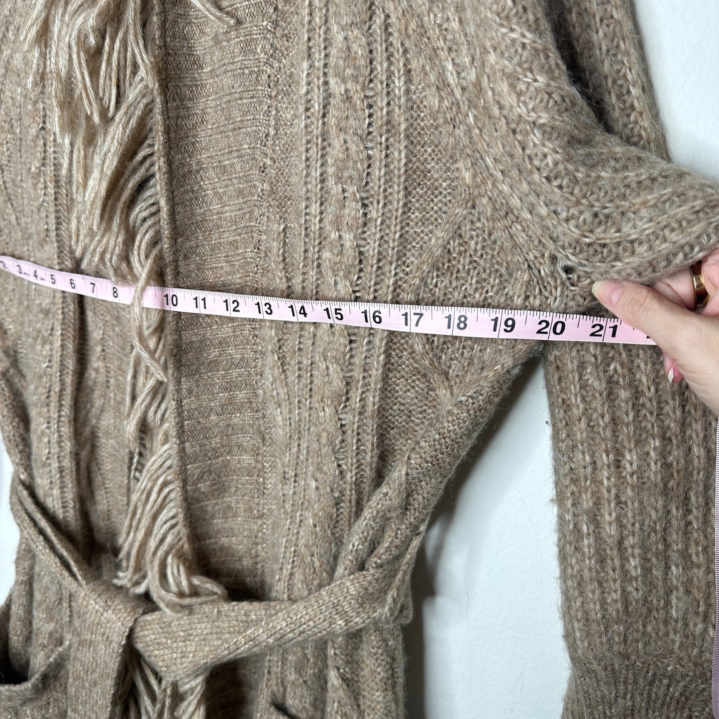 Olivaceous Tan Cream Cable Knit Fringe Trim Midi Cardigan L