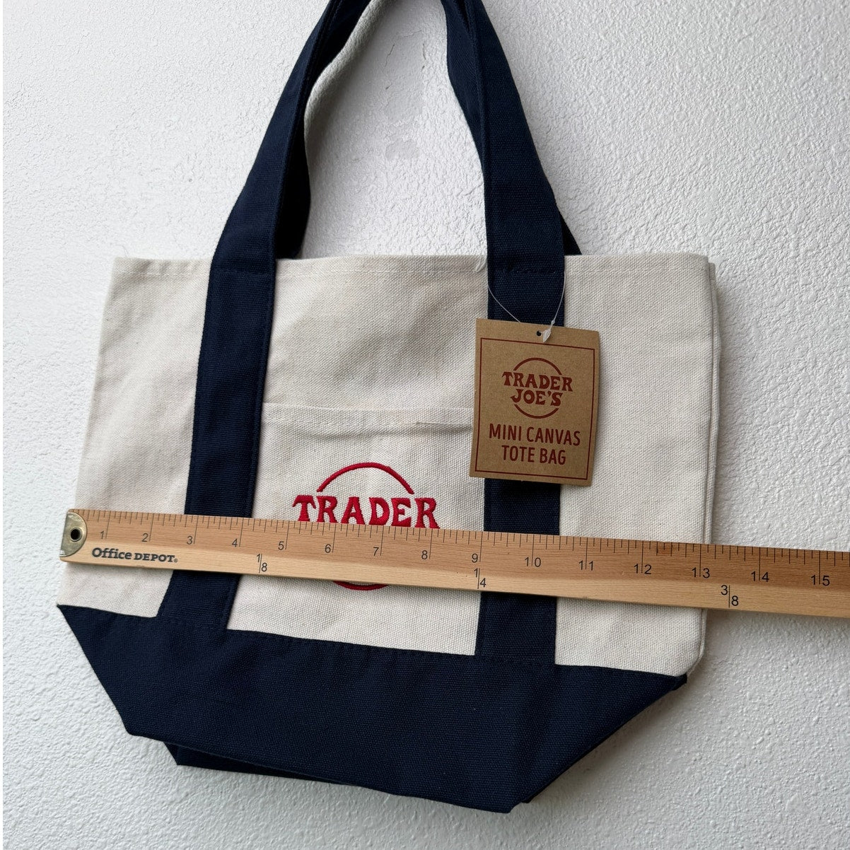 NWT Trader Joe’s Mini Canvas Tote Bag Navy Cream Red Logo Grocery Shopper