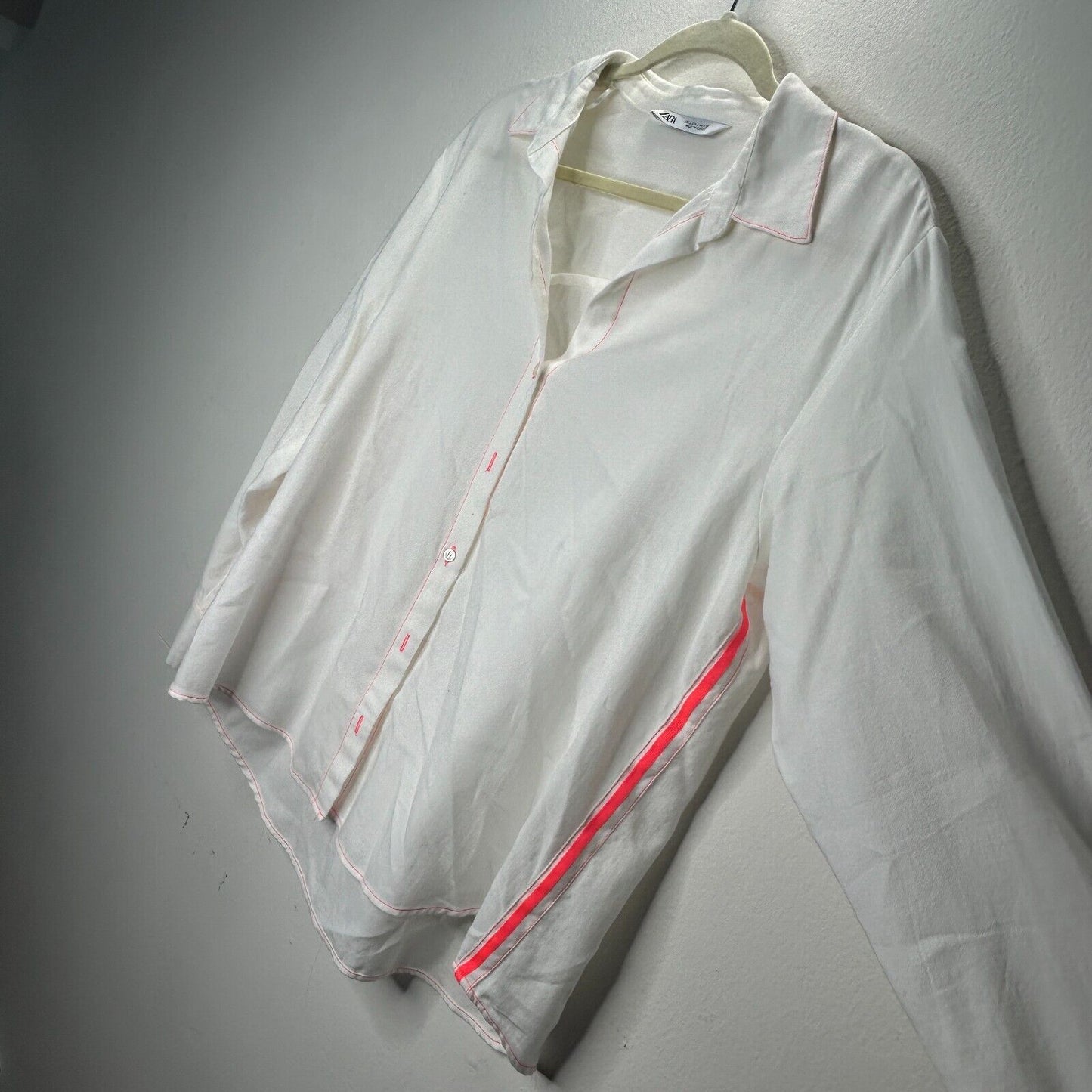 Zara Off White Hot Pink Stitching Button Down Long Sleeve Collared Shirt Large