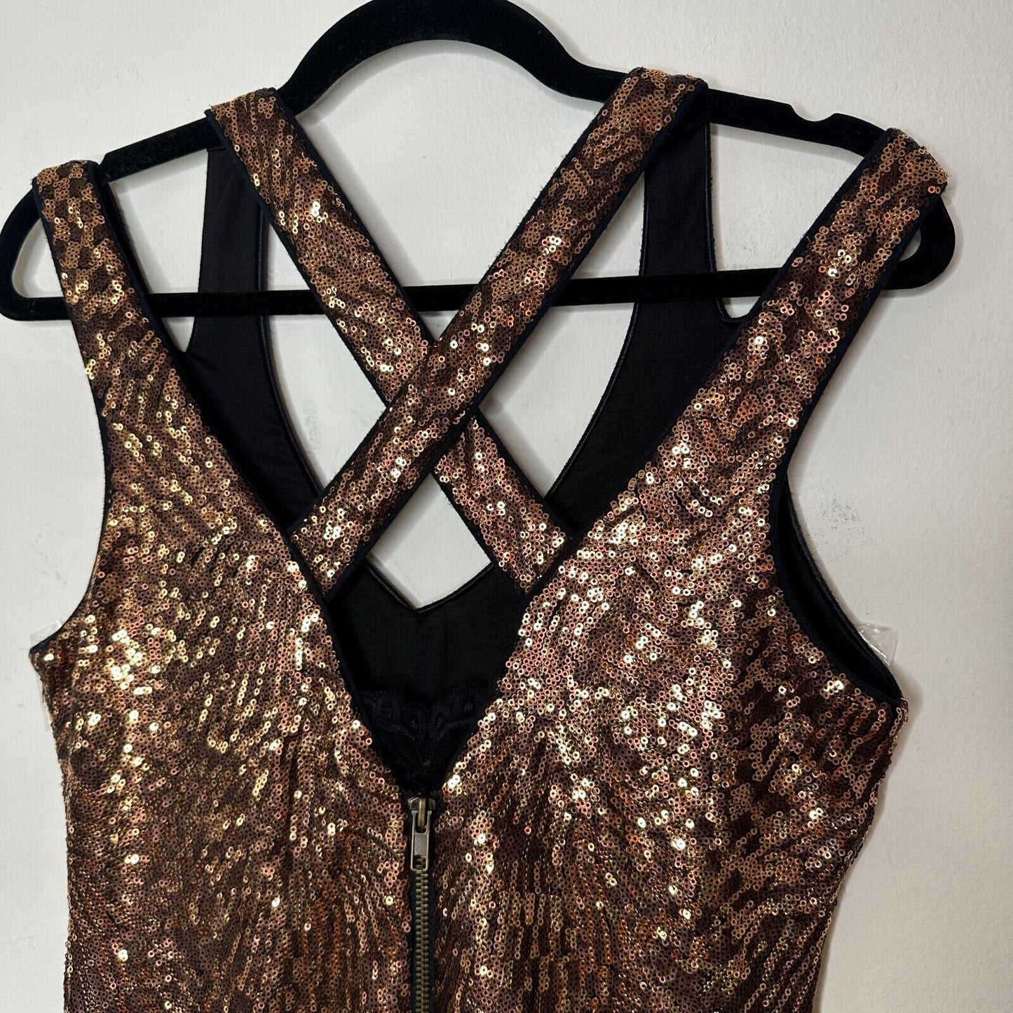 Bebe Copper Bronze Metallic Sequin Strappy Mini Dress Criss Cross Back Zip M
