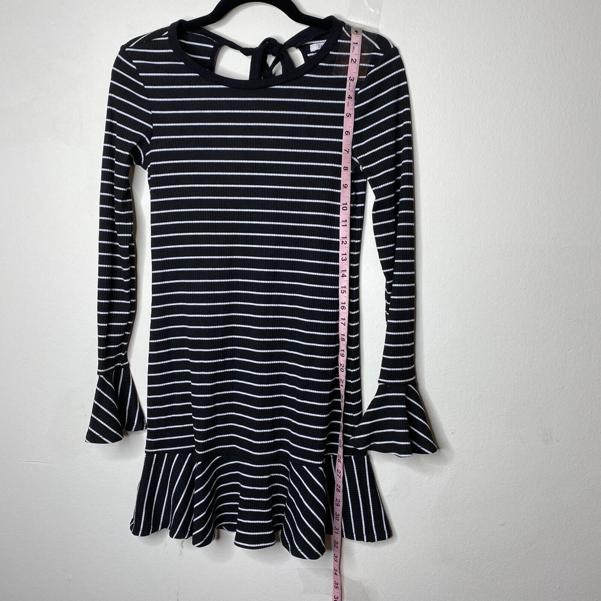 Saylor Black & White Stripe Tessa Bell Long Sleeve Keyhole Tie Knit Dress S