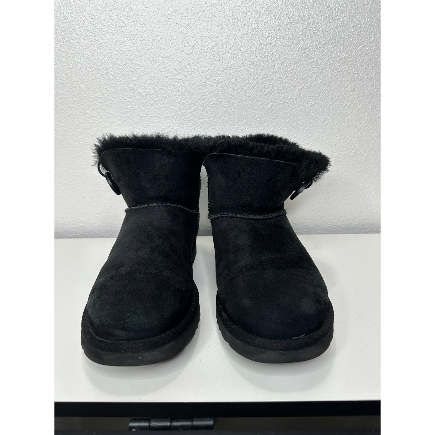 UGG Black Suede Furry Mini Bailey Button Ankle Boot 6