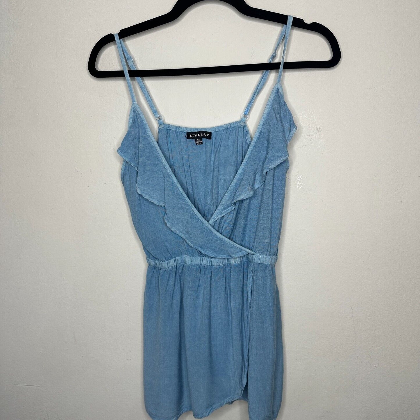 Light Denim Blue Rayon V-Neck Faux Wrap Ruffle Spaghetti Adj Strap Blouse Med