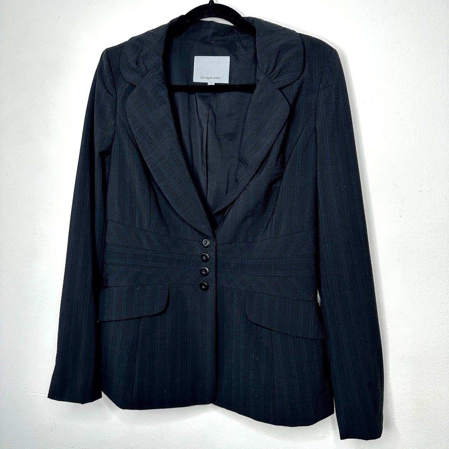 Classiques Navy Blue Pinstripe Fitted Peplum Waist 4-Button Wool Blazer 10