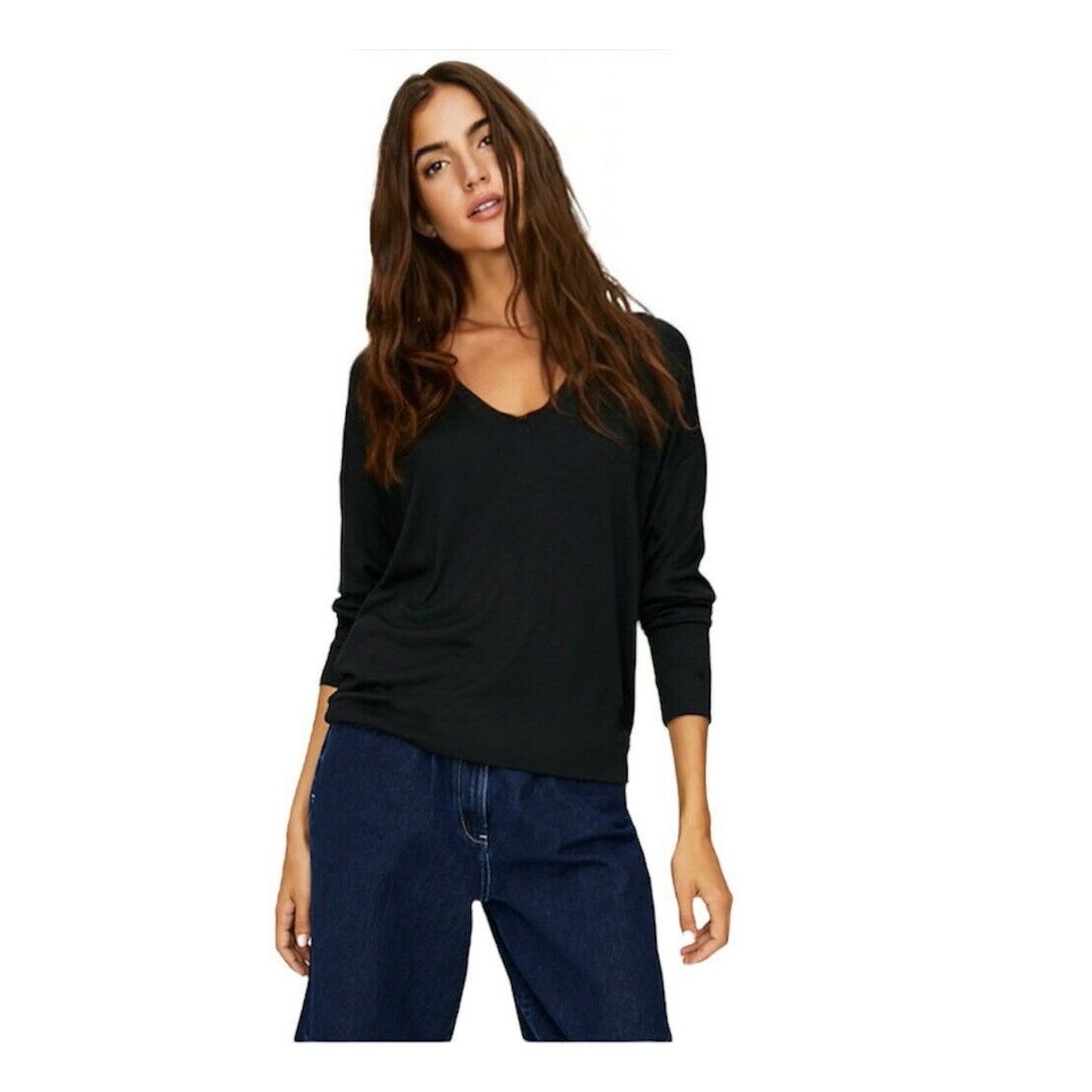 Aritizia Wilfred Free Black Thin Knit V-Neck 3/4 Sleeve Boxy Sweater Jumper M