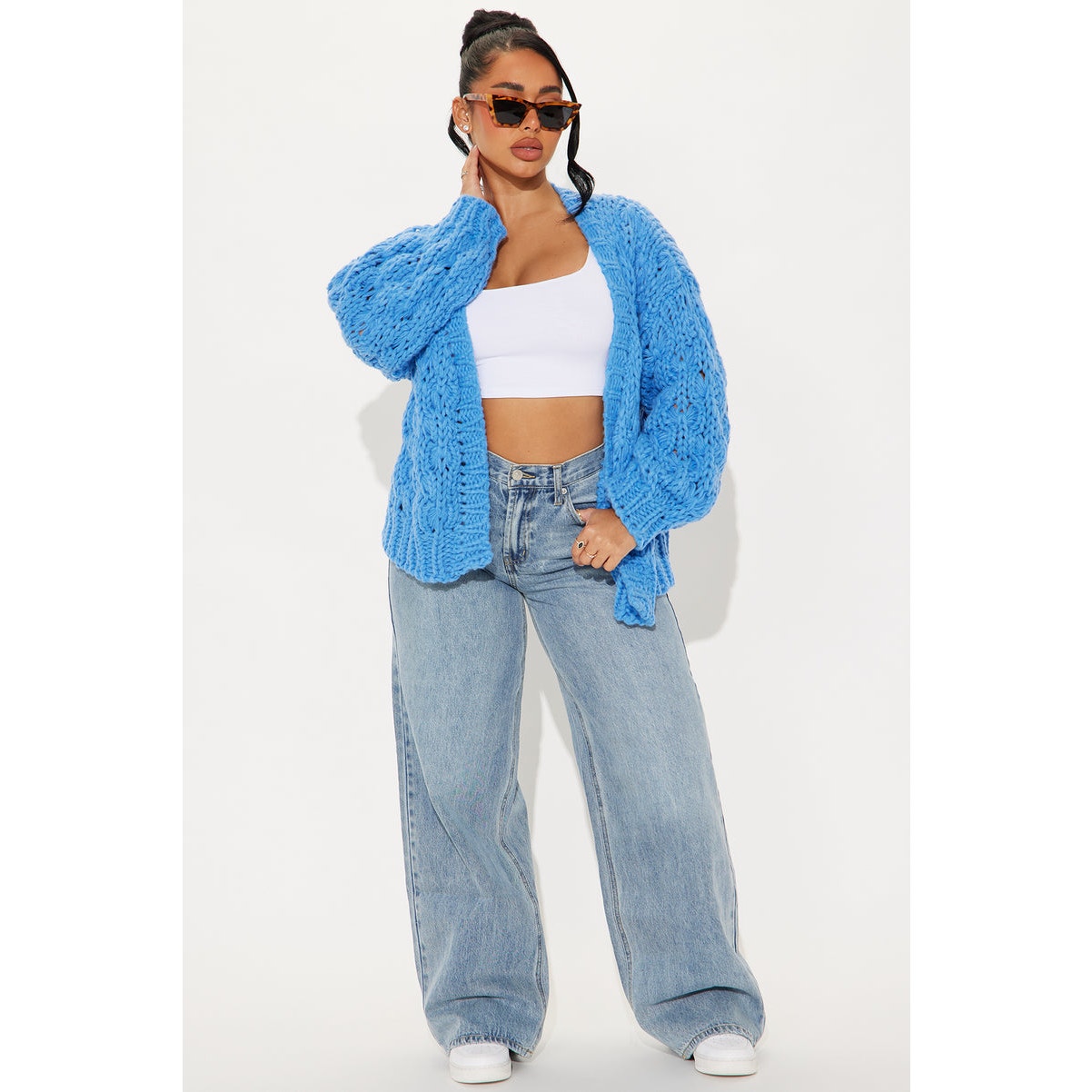 Vici Dusty Blue Chunky Knit Oversized Open Front Cardigan Sweater S