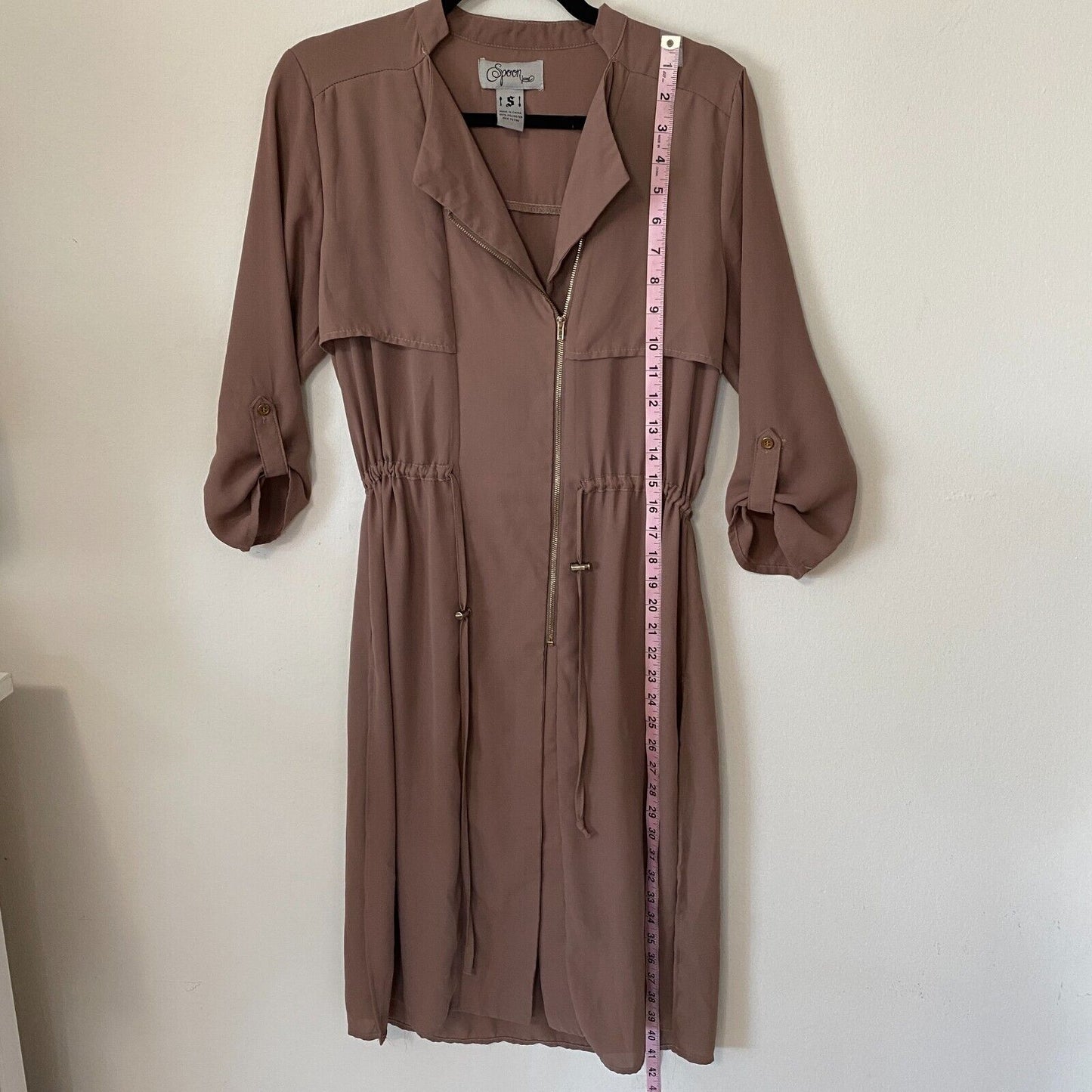 Spoon Milk Chocolate Utility Cinch Waist Tab Sleeve Shirtdress Front Zip S