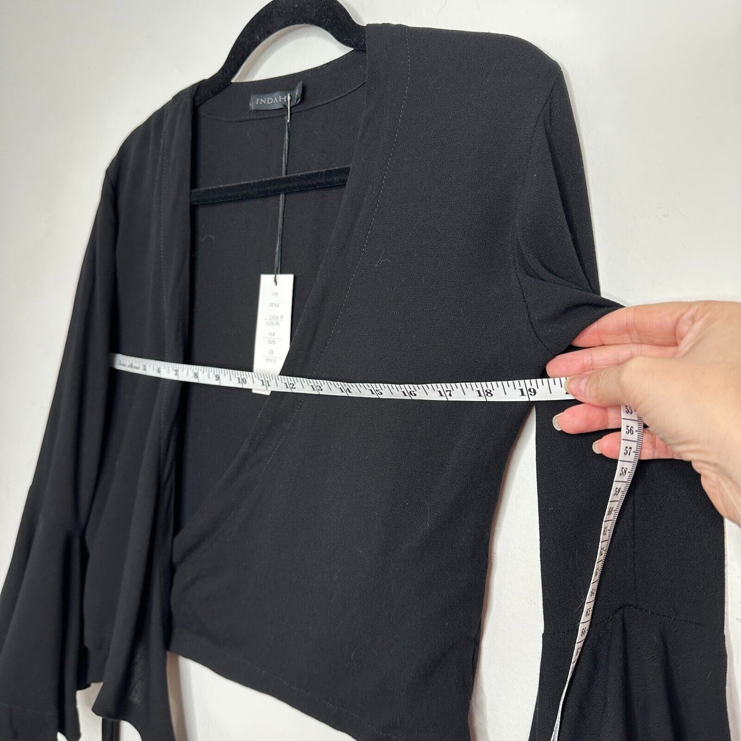 NWT Revolve Indah Lucia Black Wrap Tie Waist Top Plunging VNeck Bell Sleeves XS
